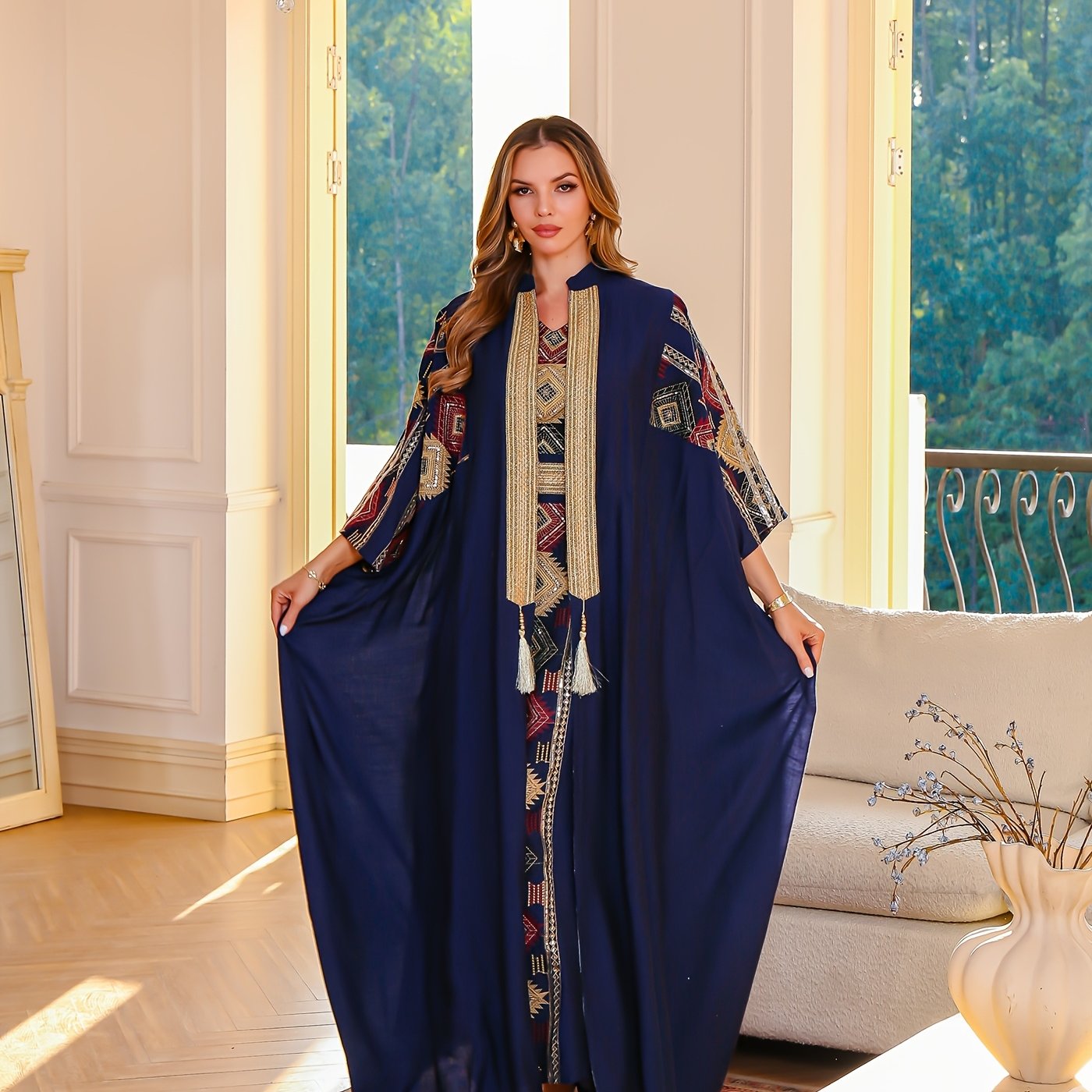 Elegant Middle Eastern Muslim Two-Piece Set - Stylish and Comfortable Design, Perfect for Daily Wear, INS Middle Eastern Pakistani Abaya Muslim Embroidered Long Robe Abaya Light Luxury