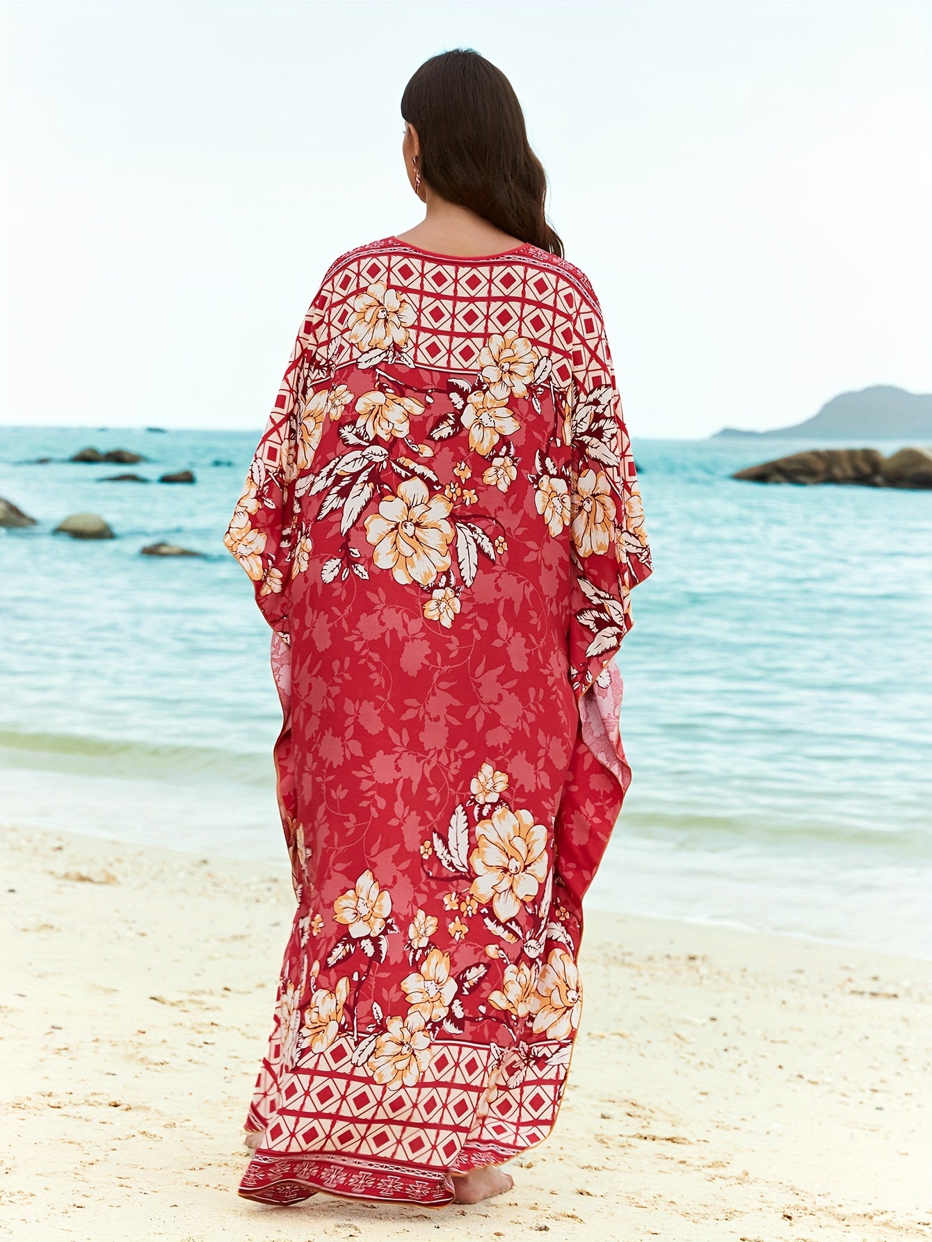 Women's Floral Print Beach Cover-Up Kaftan Dress Floral Pattern, V-Neck With Tie, Loose-Fitting Ethnic Style Casual Maxi Dress