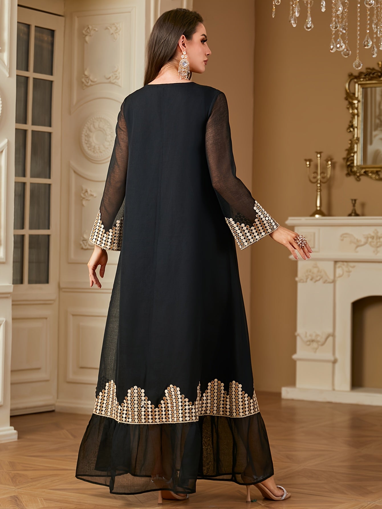 Elegant Black Square Neck Long Sleeve A-Line Modern Abaya with Golden Embroidery & Belt Accents - Machine Washable Formal & Casual All-Season Wear, Chic Dress, Evening Wear
