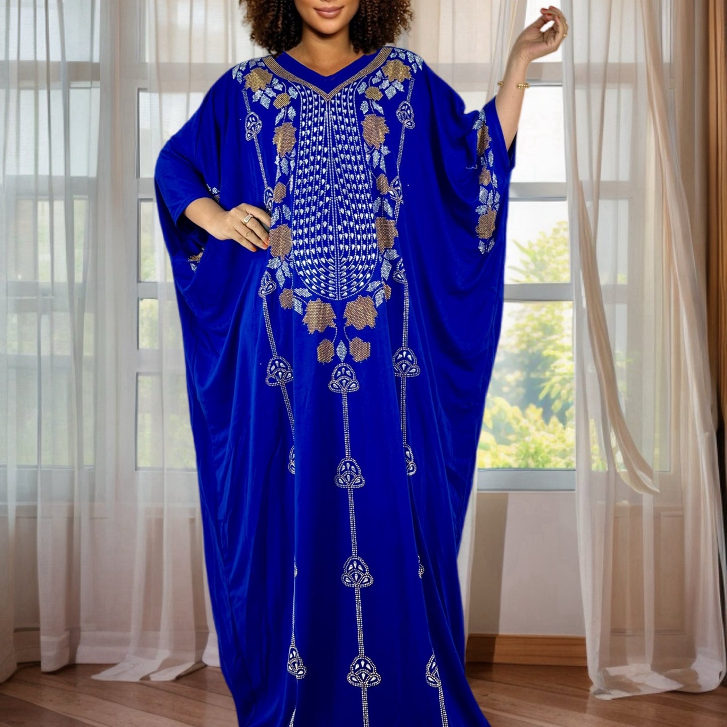Women's Middle Eastern Turkish Kaftan Abaya - Royal Blue with Golden & White Embroidery, Long Sleeve Boho Elegance, Premium Fabric for All-Season Wear, Hand Wash/Dry Clean, Cultural Attire