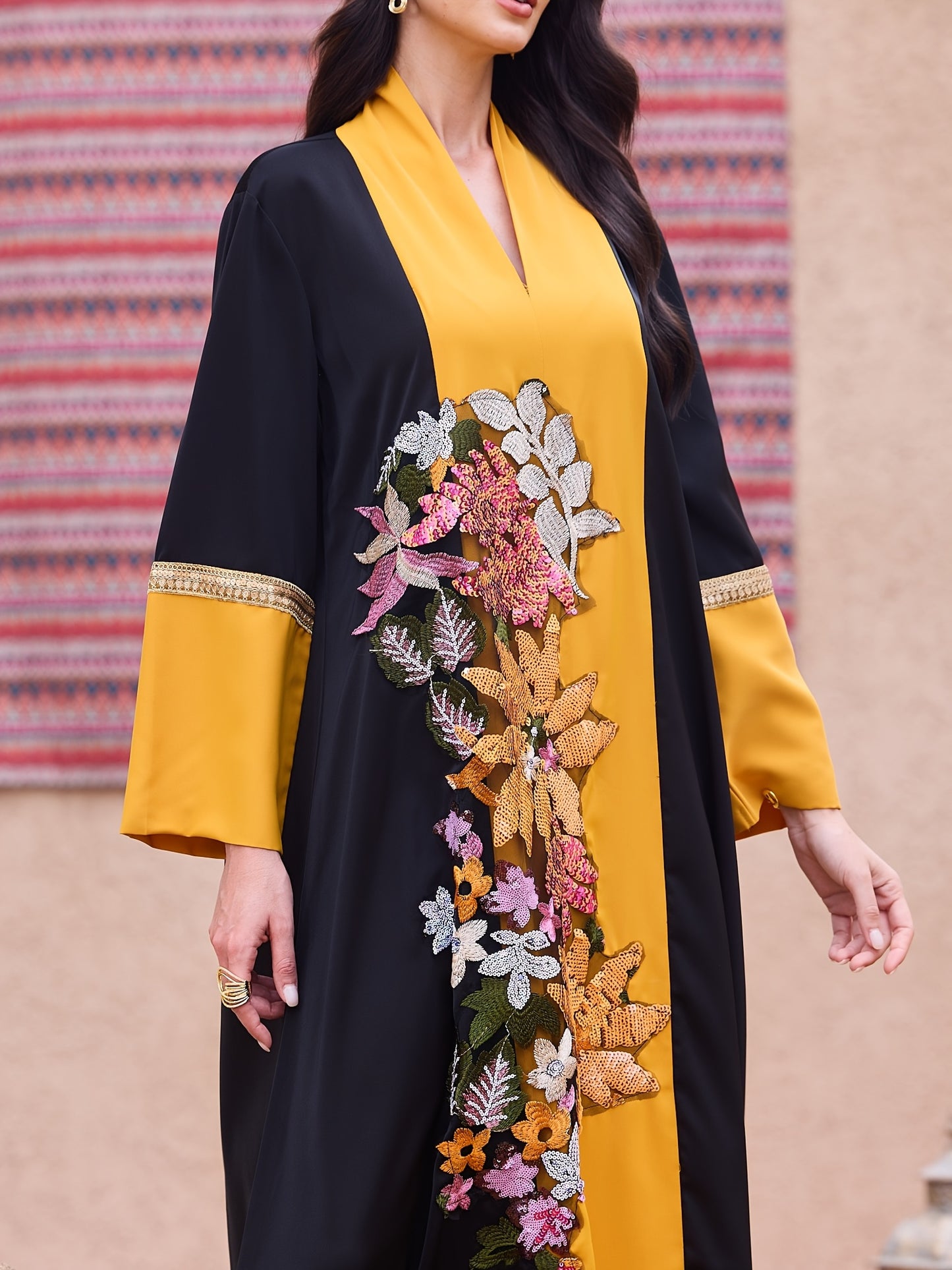 Hot Selling Black Spliced Fashion Beaded Turkish Arab Elegant Holiday Abaya Dress