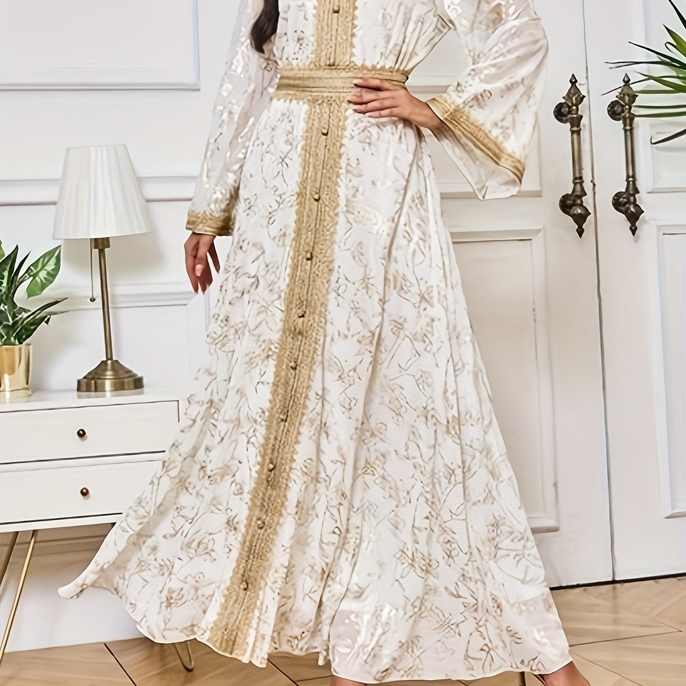 Elegant V-neck Foil Stamping Long-sleeved Palestinian Abaya