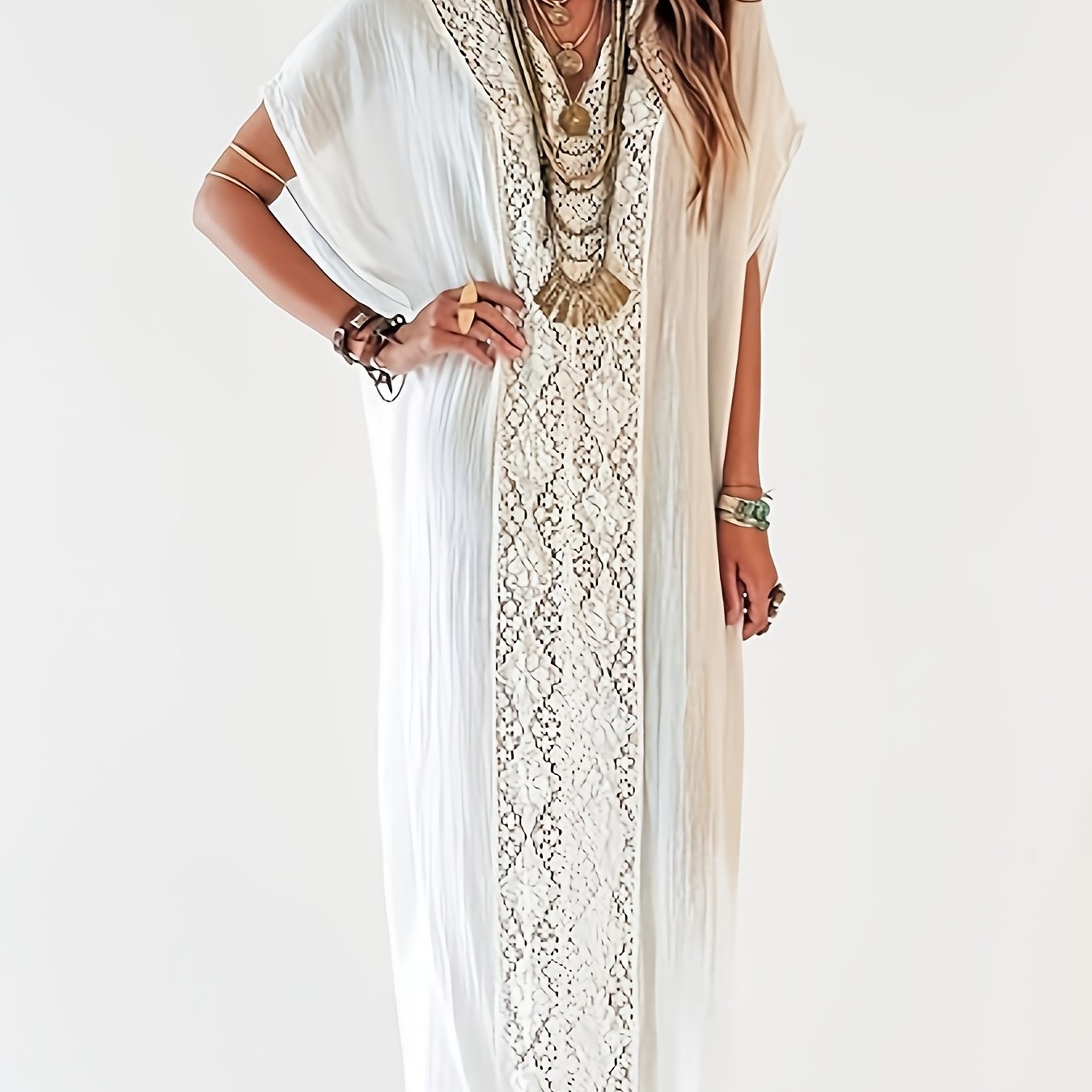 Plus Size, Women White Bathing Suit Cover Ups for Swimwear Short Sleeve Beach Kaftan Dress