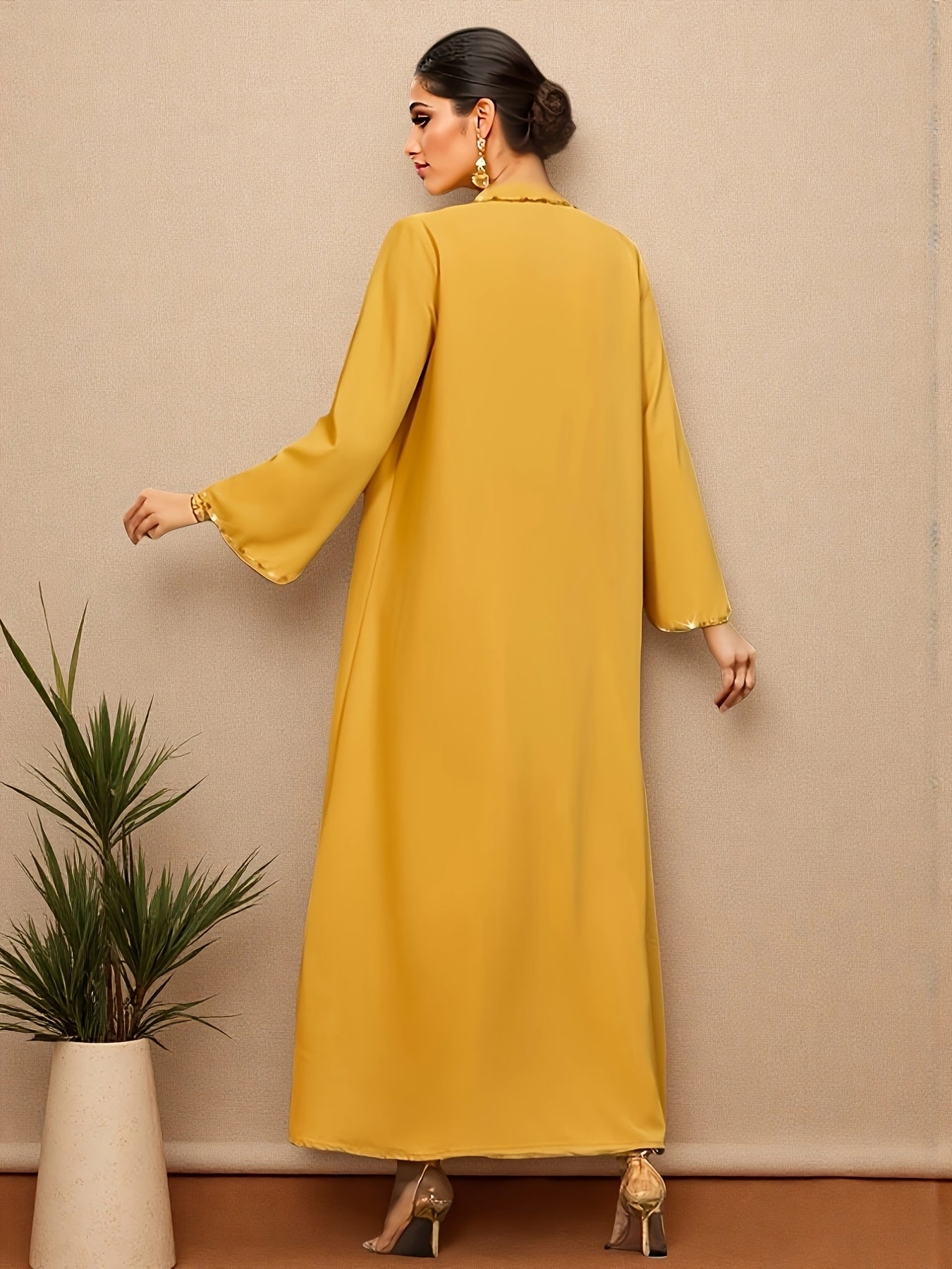 Women's Middle Eastern Abaya - Elegant Long Robe with Long Sleeves, Open Front Mustard-Yellow Islamic Dress for Wedding, Formal Events - Non-See-Through Formal Attire