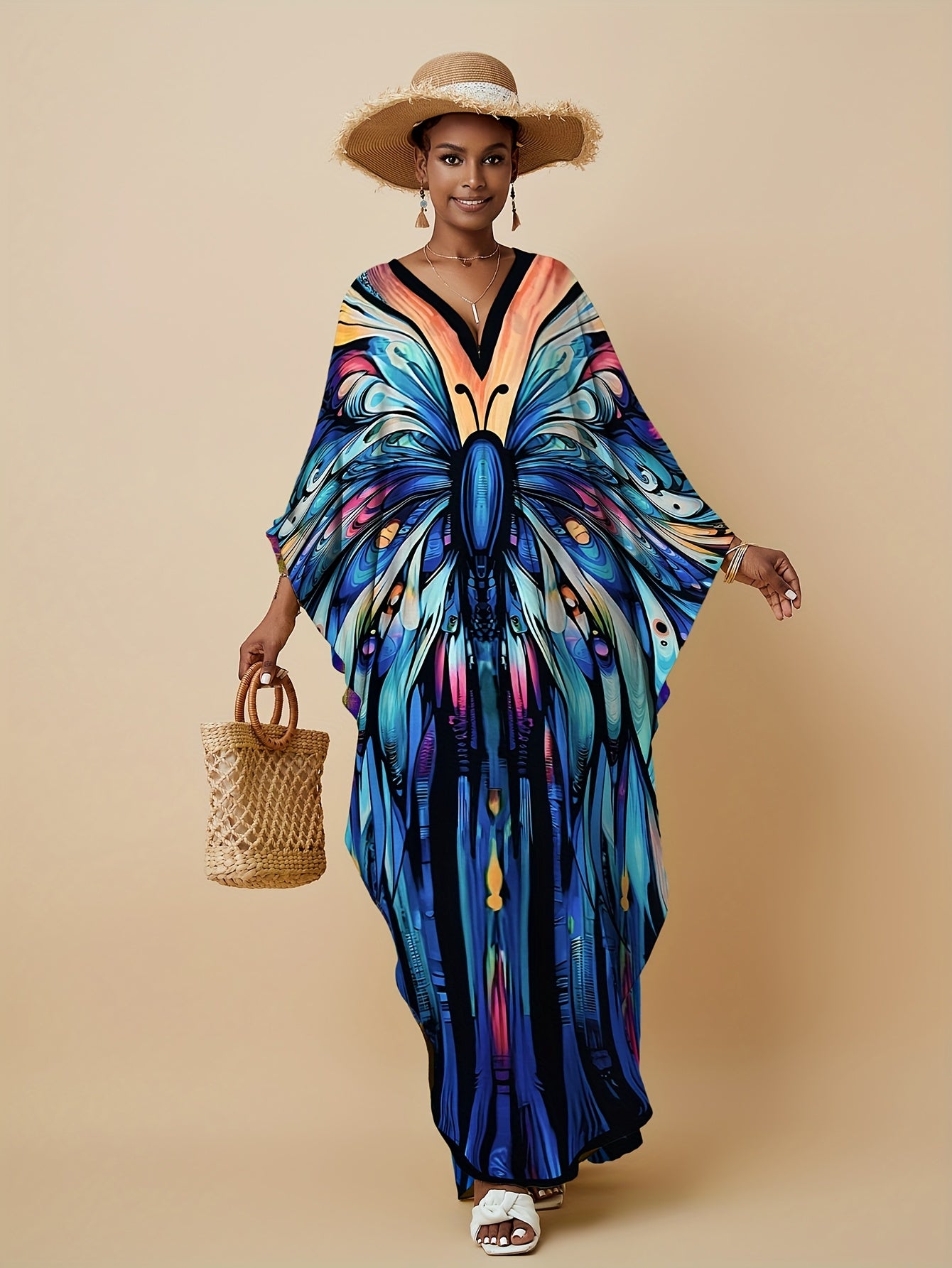 Kaftan Dresses For Women Bohemian Printed V-neck Beach Coverup Batwing Sleeves Kaftan Robe Casual Home Vacation Swimwear Coverup Ethnic Style Dress