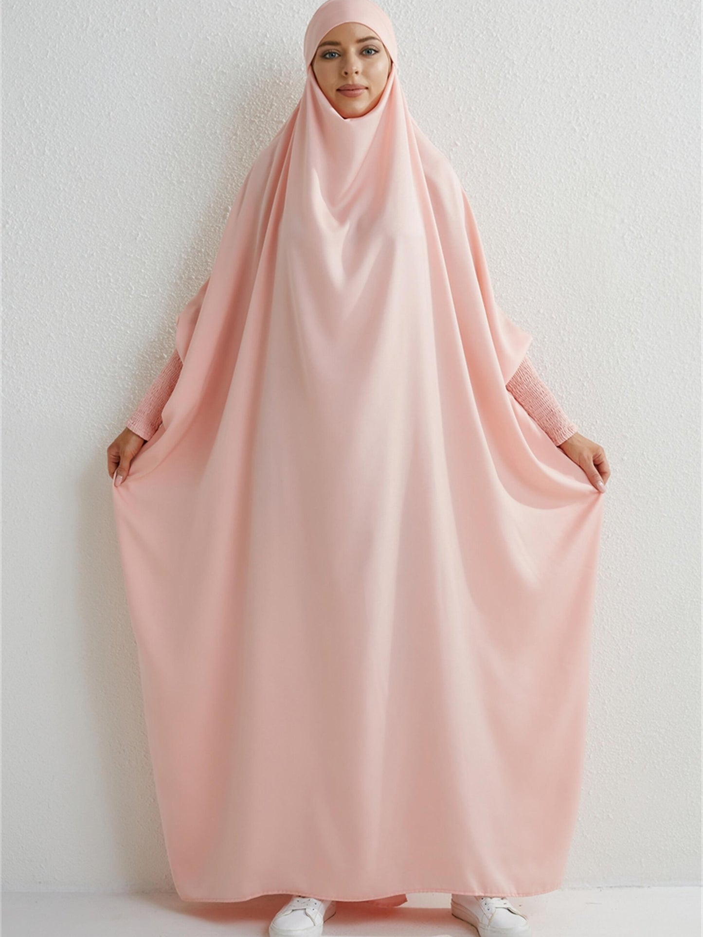 Women's Modest Jibab Abaya Dress with Hijab - Batwing Sleeves & Smocking Detail, Full-Length Prayer Robe, Islamic Clothing, Machine Washable Solid Color for Ramadan & Daily Wear, Allseason Robe, Hshaped Silhouette, Nontransparent F