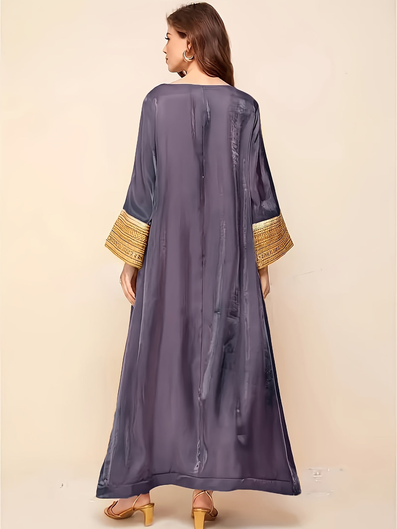 Elegant Long-Sleeve Baju Abaya | Golden Lace Accents, Reflective, Loose Fit, Round Neck, Perfect for Spring/Fall, Women's Fashion, Fall Fashion