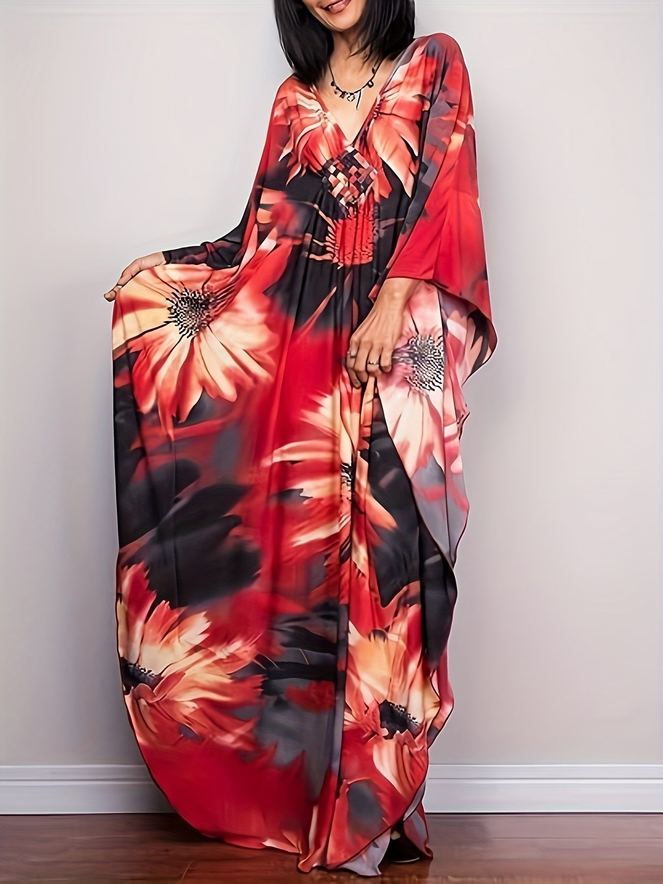 Plus Size, Women Ethnic Print Kaftan Beach Dress Plus Size Swimsuit Cover Up
