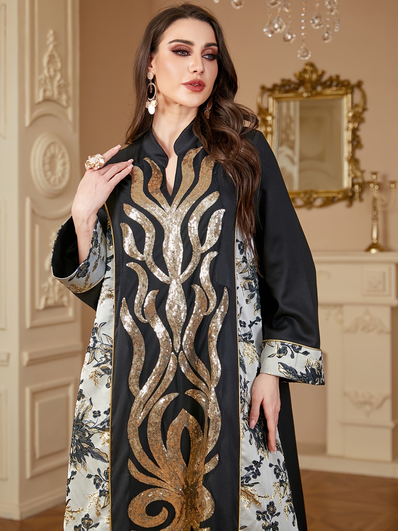 Polyester Long Sleeve A-Line Modern Abaya, Color Block Pattern, Contrast Sequin Design, Non-Stretch Fabric, Woven, 130g/m², with Asymmetrical Hem, for Muslim Women