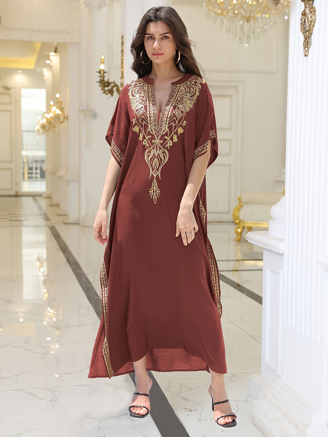 Long Robe Golden Embroidered Vacation Robe Kaftan Dress V-neck Beach Cover Shirt Kaftan