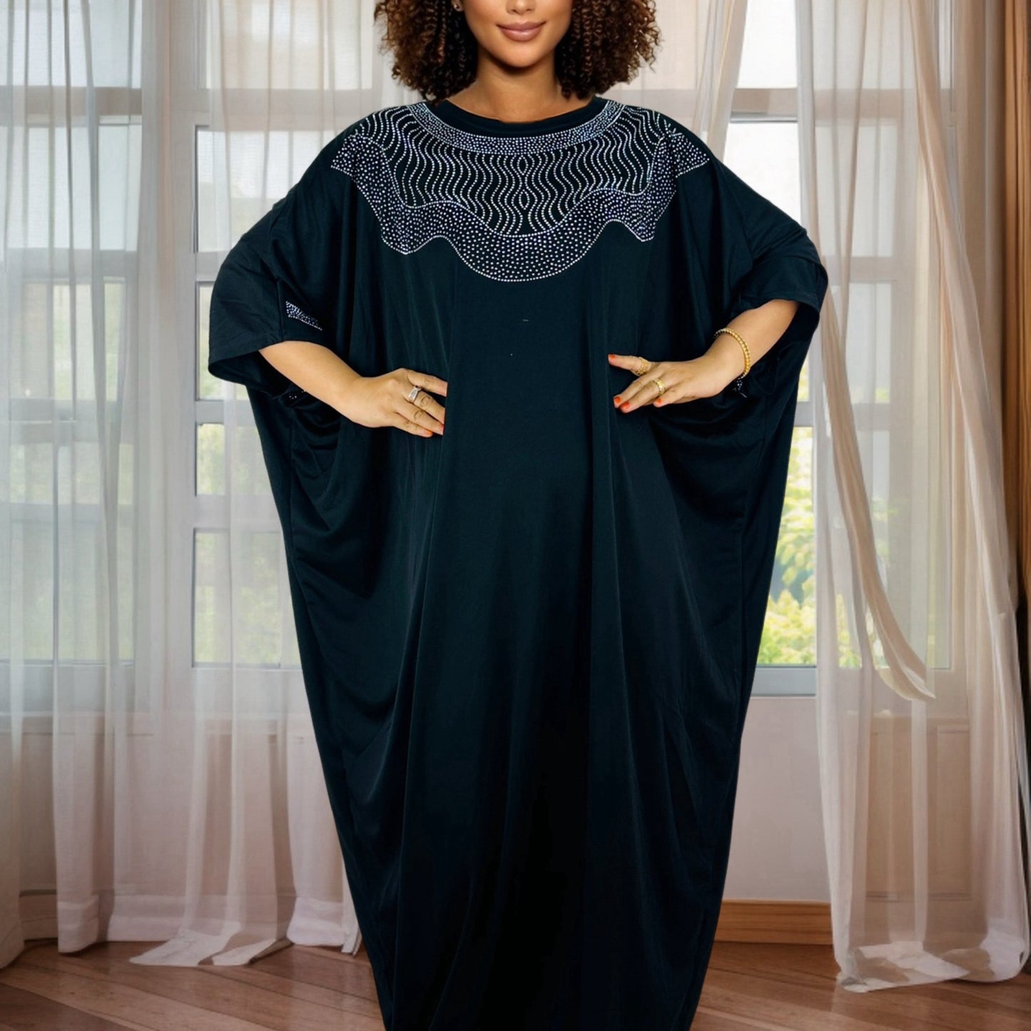 Plus Size, Women's African-Inspired Oversized Turkish Kaftan Abaya with Rhinestone Embellishments - 100% Polyester, Lightweight & Stretchy, Solid Color, All-Season Wear, Hand Wash/Dry Clean