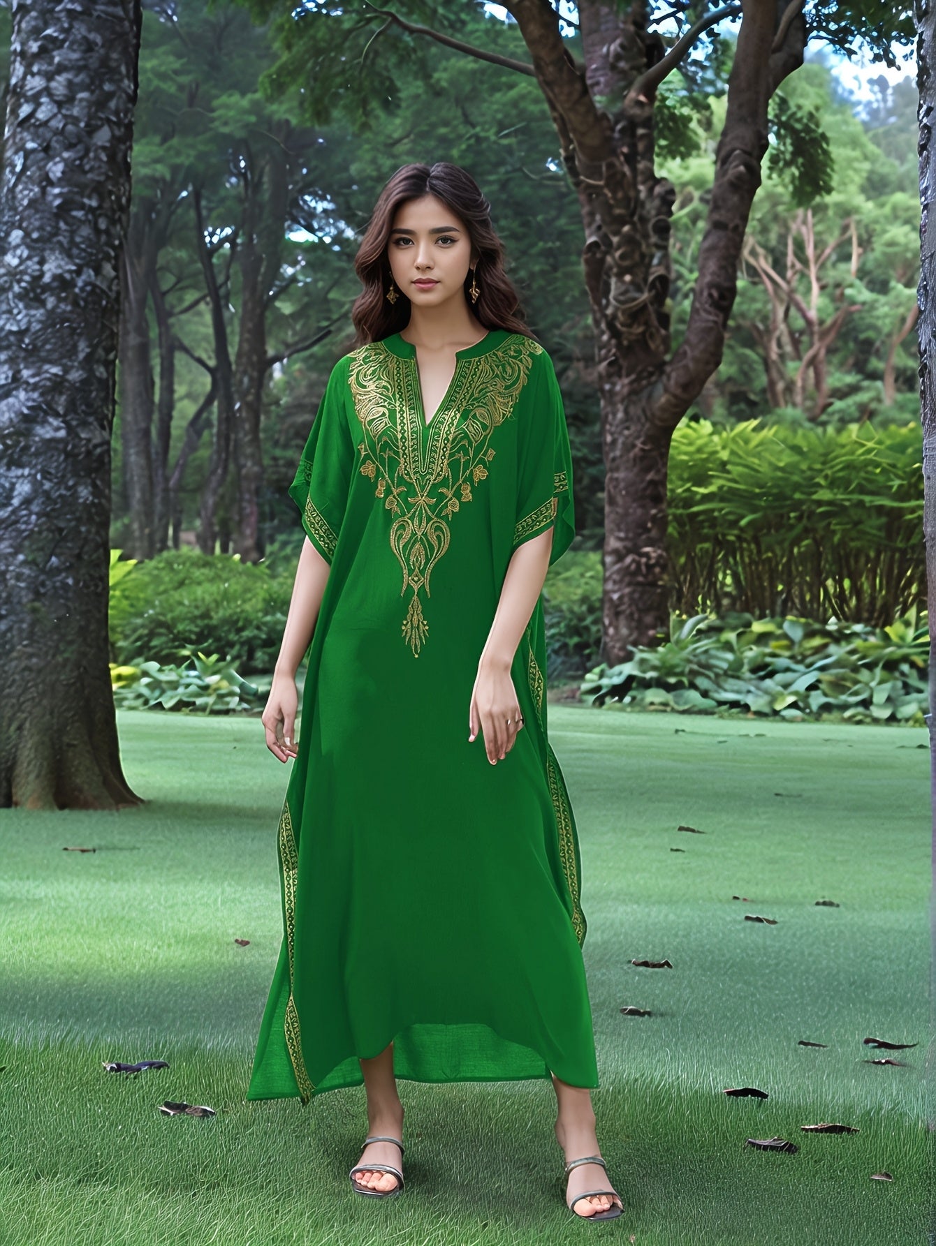 Elegant Gold Embroidered Resort Gown Kaftan Dress V-Neck Beach Blouse Kaftan