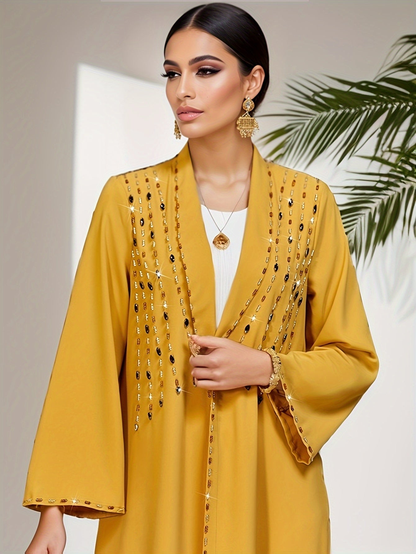 Women's Middle Eastern Abaya - Elegant Long Open Robe with Rhinestone Accents, Mustard-Yellow Islamic Dress for Weddings, Formal Events - Non-See-Through
