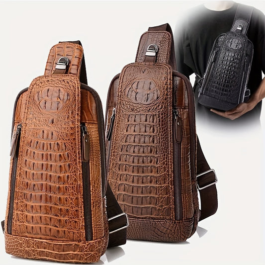 Leather Sling Bag for Men, Crocodile Pattern Shoulder Crossbody Chest Bag Satchels High Quality for Travel Outdoor Sports