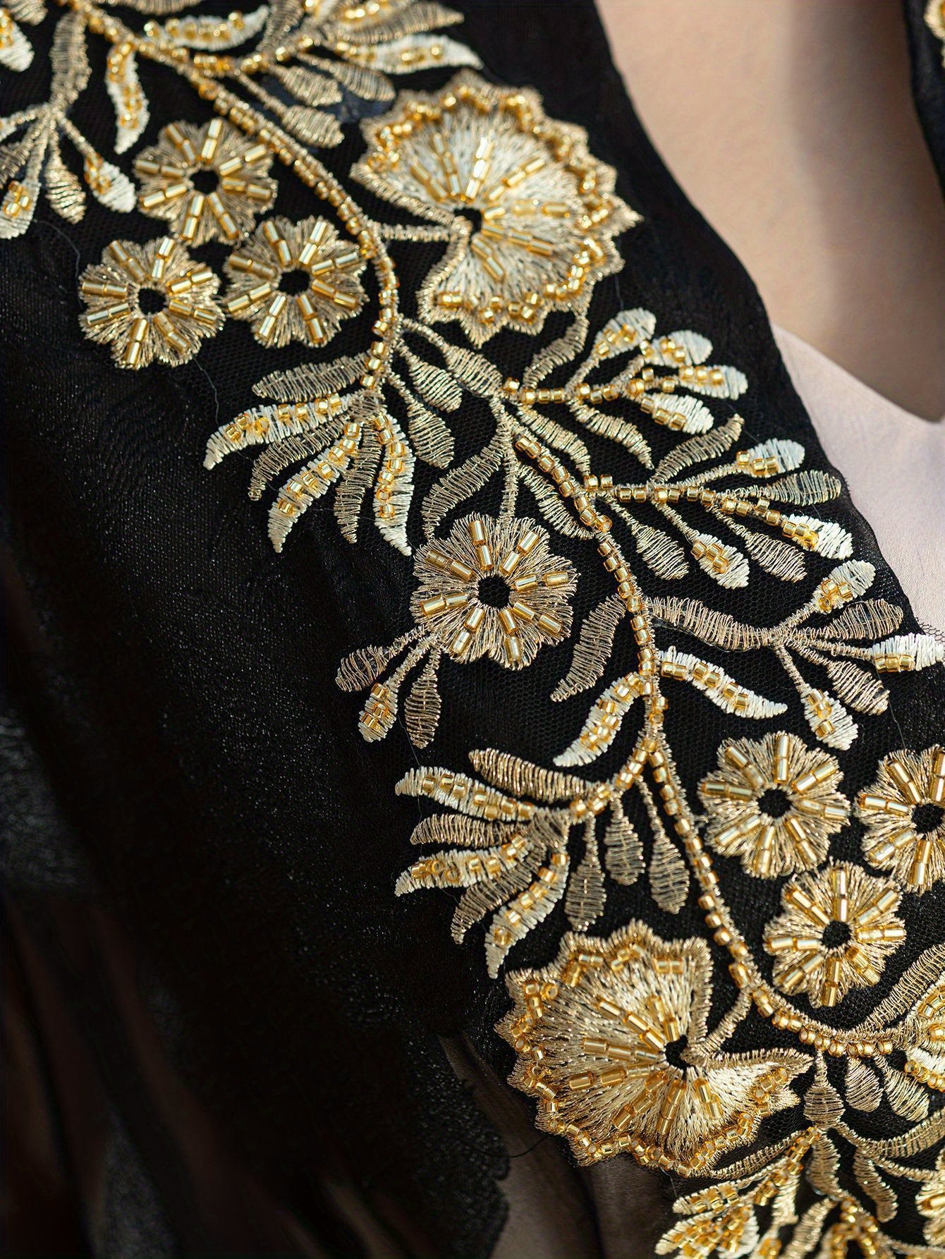 Two-Piece Black and Golden Embroidered Abaya with Belt - Elegant Long Sleeve, Flowing Ethnic Style, Non-Stretch Fabric, Perfect for Spring/Summer, Cultural Attire|Elegant Abaya|Satin Finish