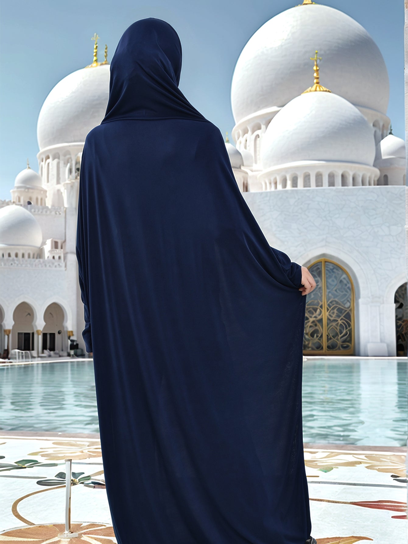 Muslim Women's Elegant Navy Blue Arab Abaya Burqa with Large Headscarf - Full-Body Coverage Long Sleeve Islamic Dress for Ramadan, Eid al-Fitr & Daily Wear - Modest Traditional Clothing