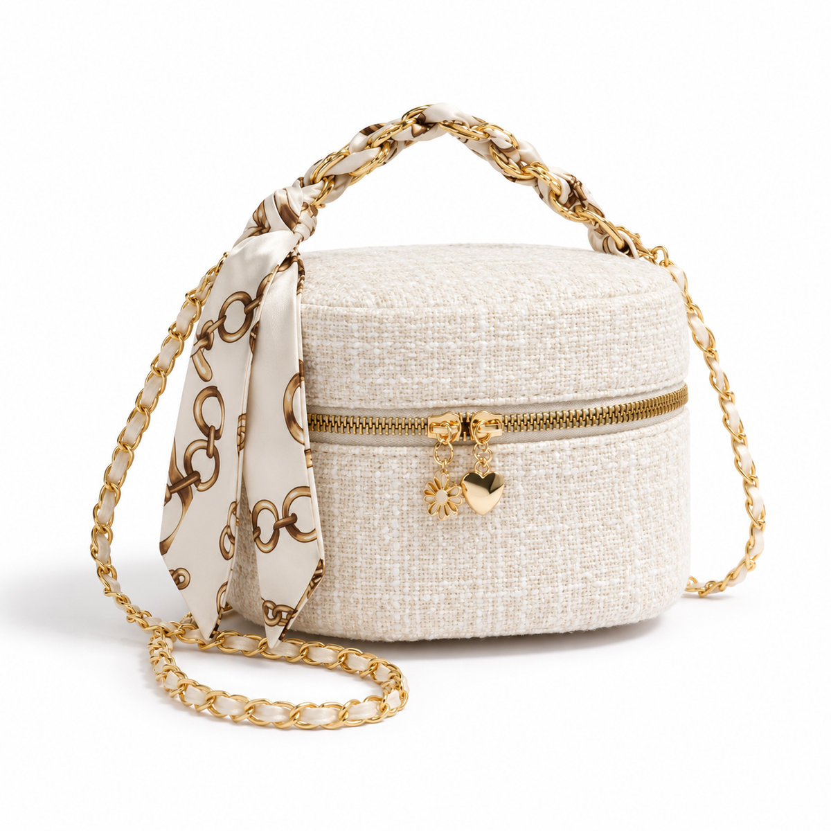 Ivory Textured Crossbody Bag With Scarf