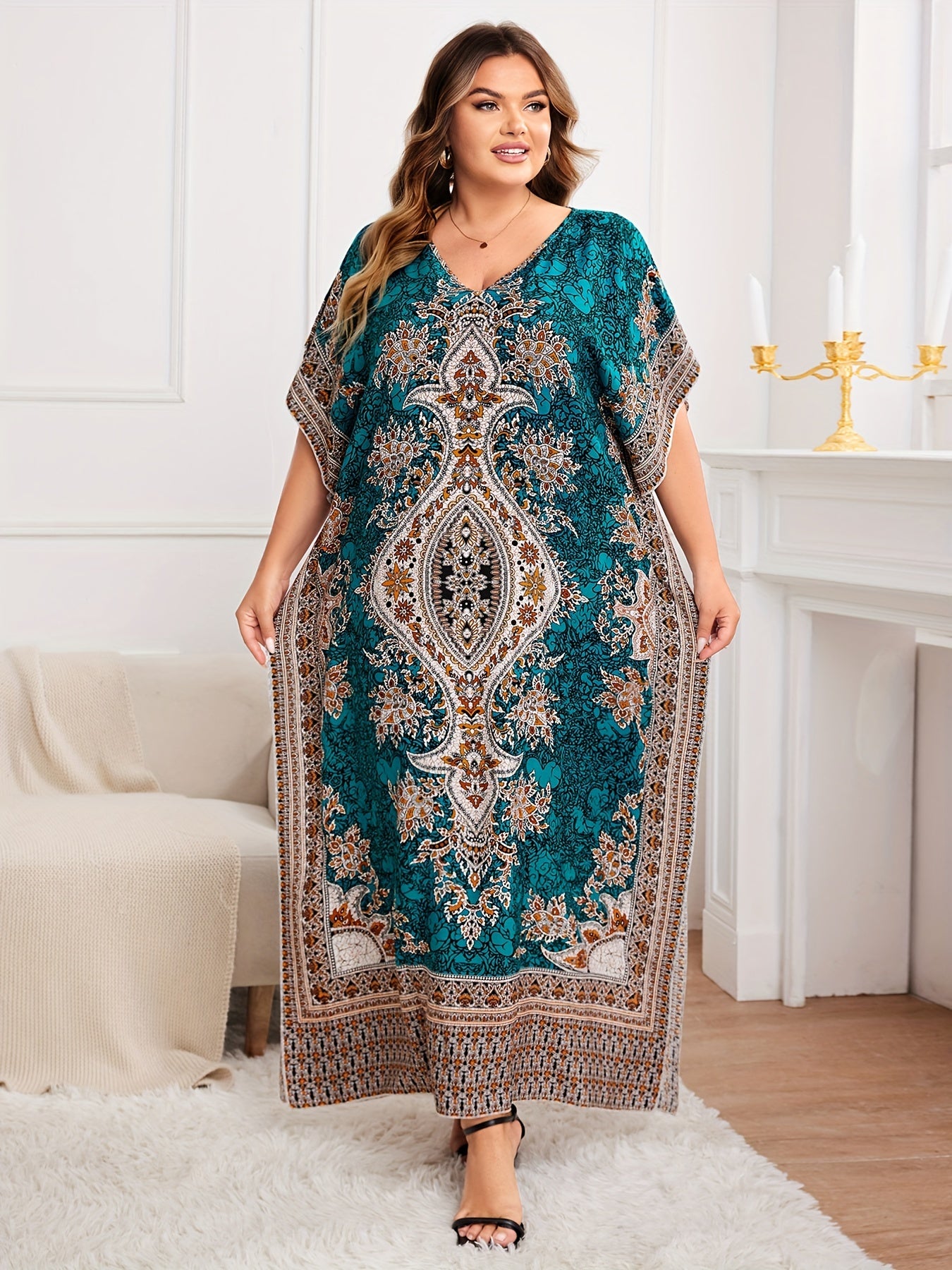 Plus Size, European and American Plus Size Women's Bohemian Vacation Dress with Middle Eastern Kaftan Abaya Style