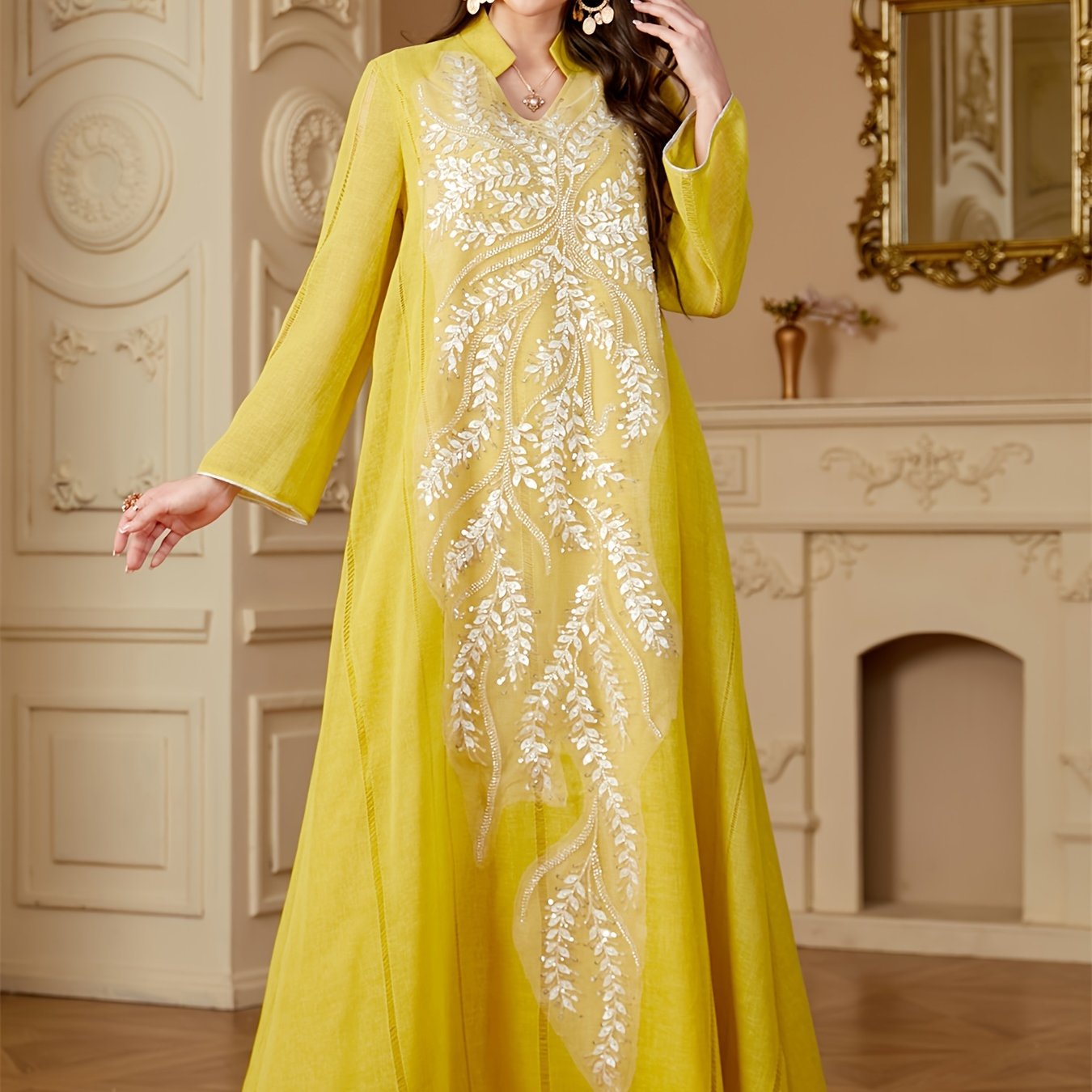 Ramadan Muslim Women's Fashion Beading Emirati Abaya Dubai Notched Stand Collar Dresses Mesh Sleeve Kebaya Casual Loose Clothing