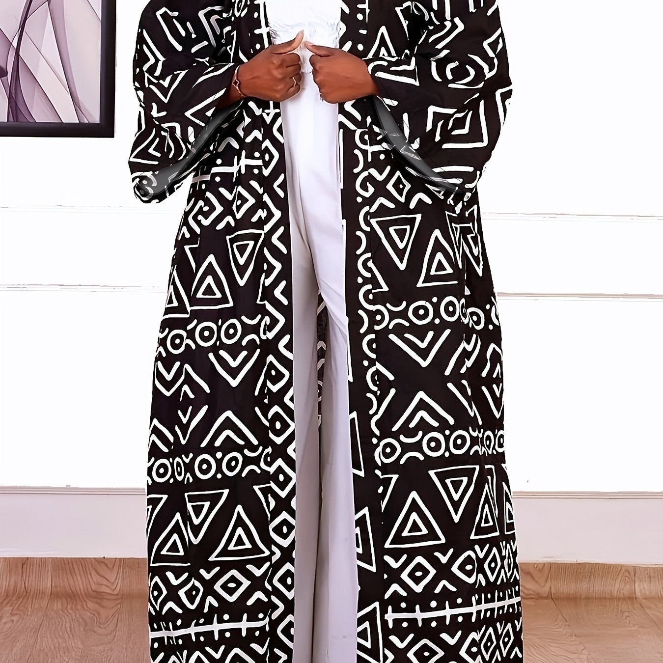 Chic Plus Size Open Front Kimono Abaya Cardigan - Casual & Versatile, Machine Washable, Polyester Blend with Elastane, Elegant Print Design