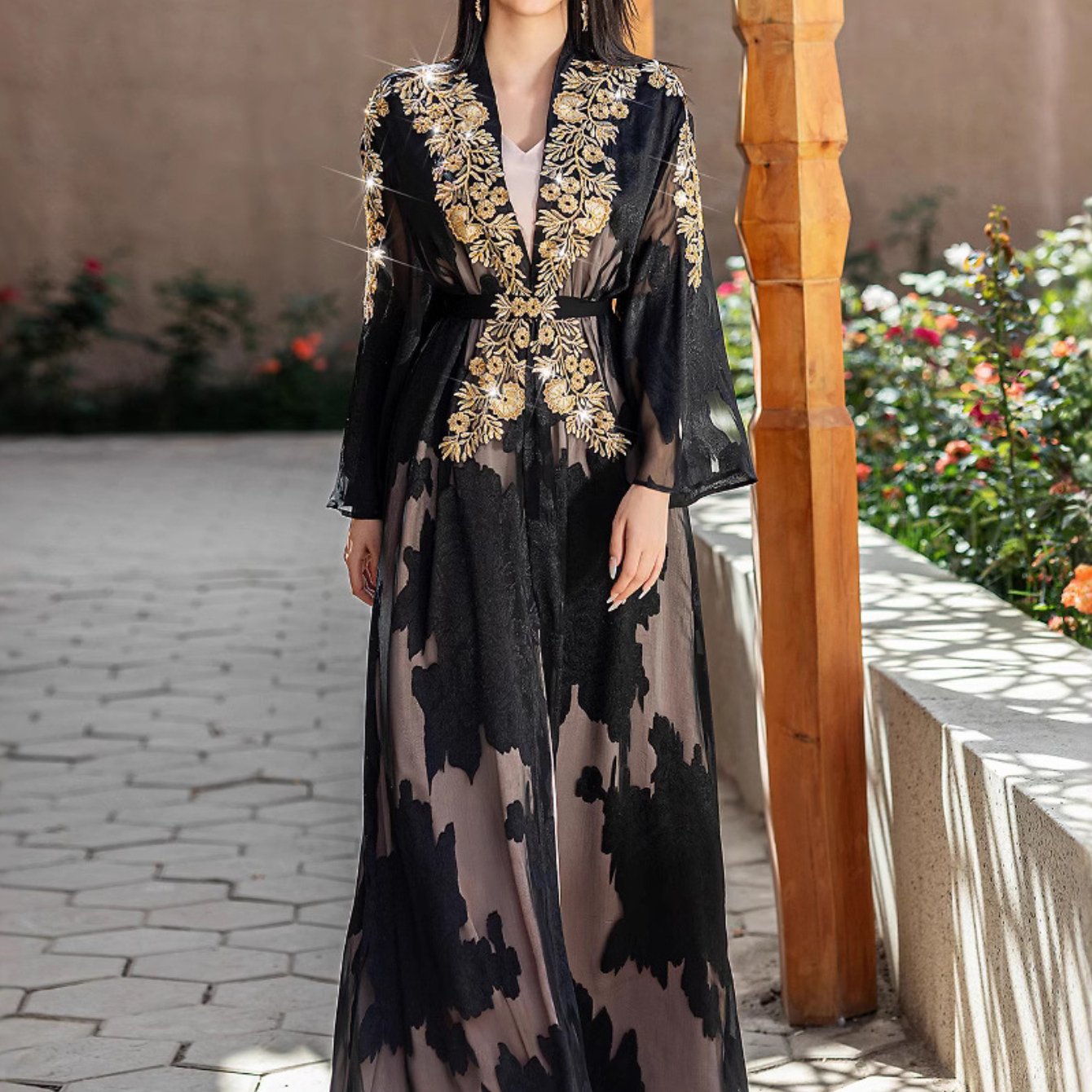Two-Piece Black and Golden Embroidered Abaya with Belt - Elegant Long Sleeve, Flowing Ethnic Style, Non-Stretch Fabric, Perfect for Spring/Summer, Cultural Attire|Elegant Abaya|Satin Finish