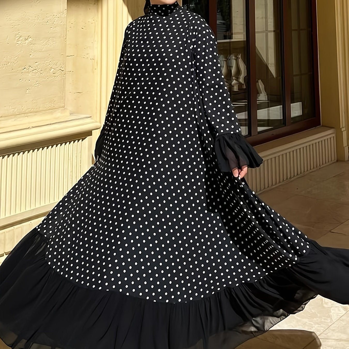 Middle Eastern Inspired Baju Abaya Dress With Polyester And Spandex, Dot Pattern, Machine Washable, All-Season