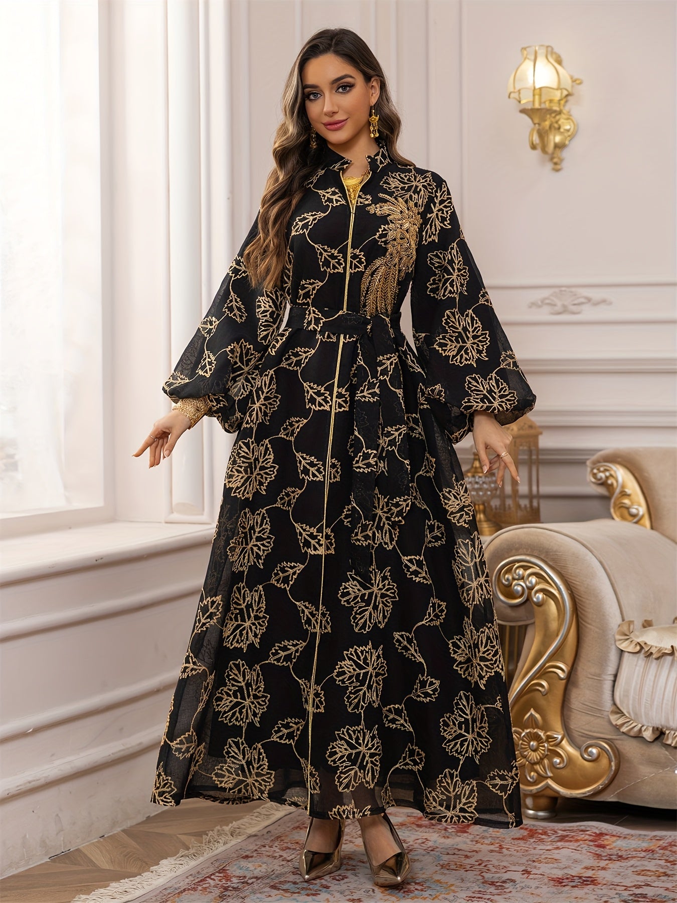 Dubai Floral Embroidery Belted Dress Belt included Lantern Sleeve Maxi Abaya Luxury Woman Evening Dresses Modern Kaftan 2025