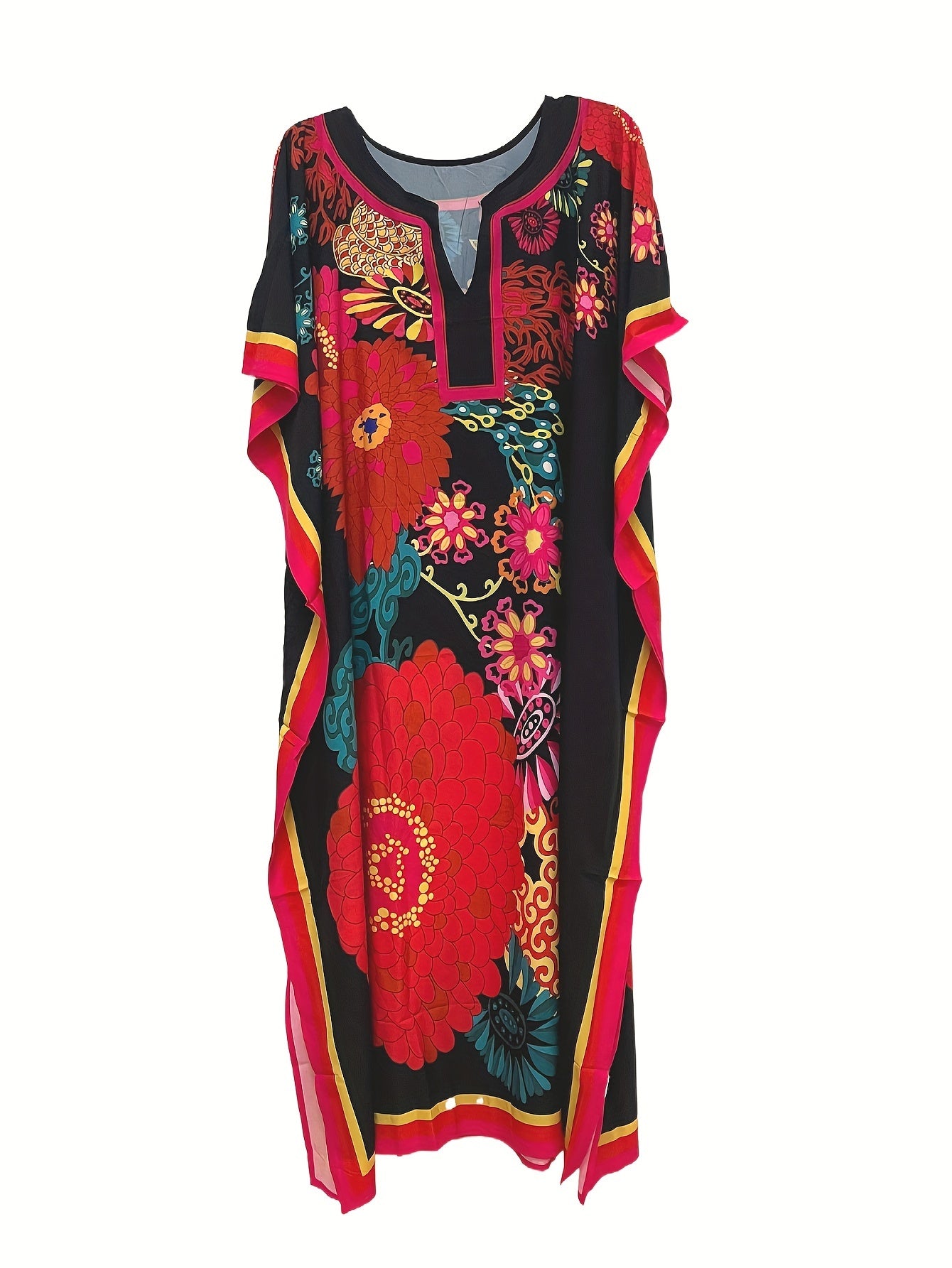 Women's Boho Style Cover Up, Plus Size Floral Pattern V Neck Loose Fit Vacay Beach Kaftan Dress