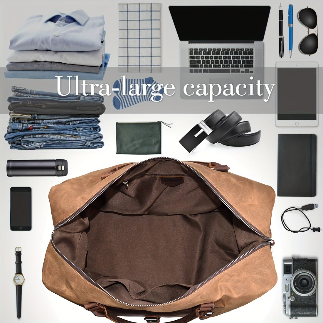 Oversized Travel Duffel Bag Canvas Weekender Leather Overnight Hand Bag With Toiletry Bag