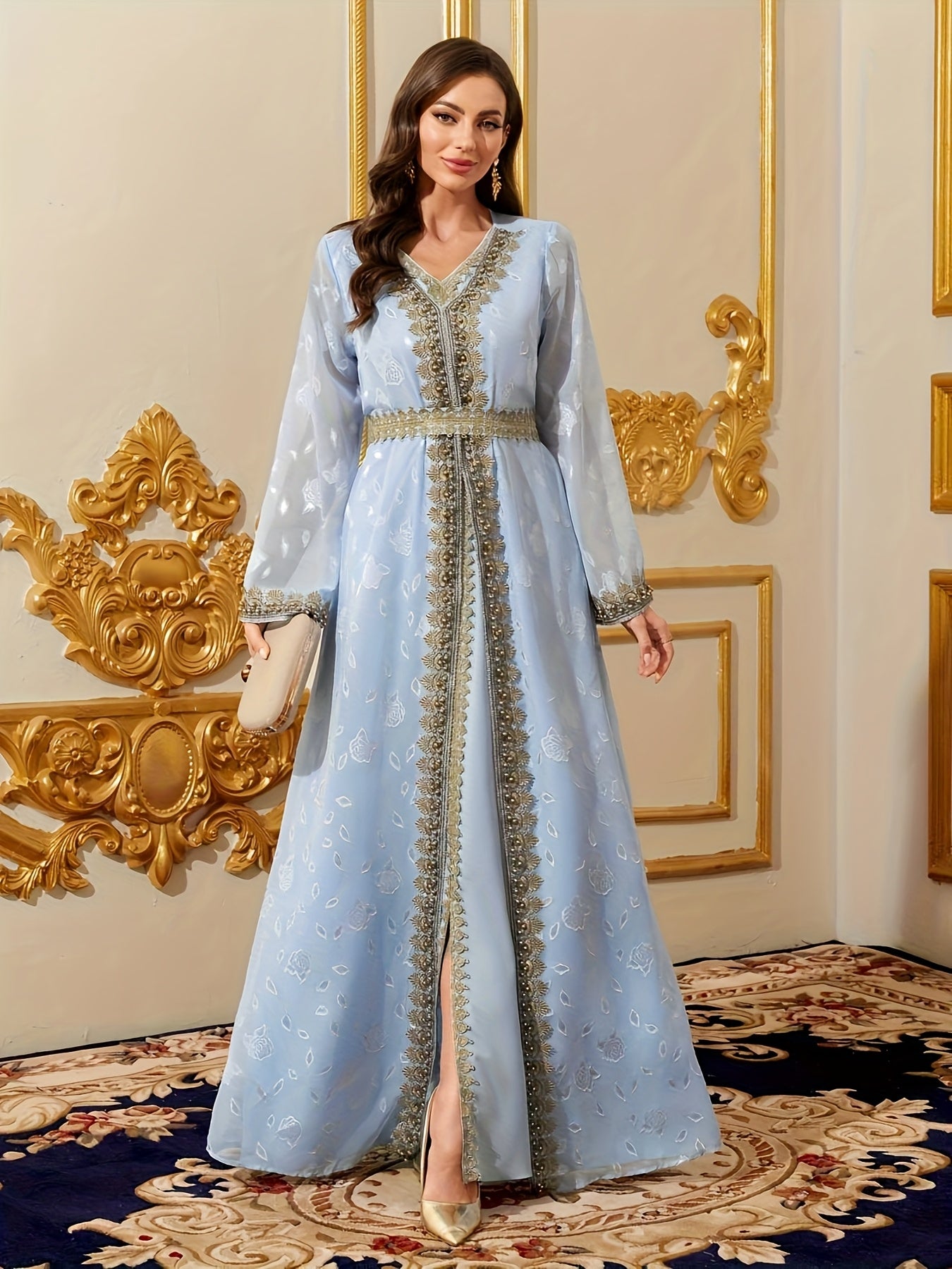 Long Sleeveless V-Neck Abaya Dress | Women's Middle Eastern Arabian Lace-Trimmed with Golden Embroidery & Adjustable Waist Belt | Modern Silklike Fabric for Festive Performances, Weddings