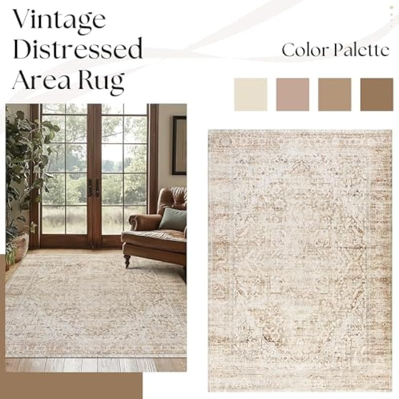 Boho Neutral Living Room Rug, Vintage Rustic Earth Tone Modern Farmhouse Style Easy to Clean Stain Resistant Area Rugs for Bedroom Dining Room Light Tan Brown and Beige