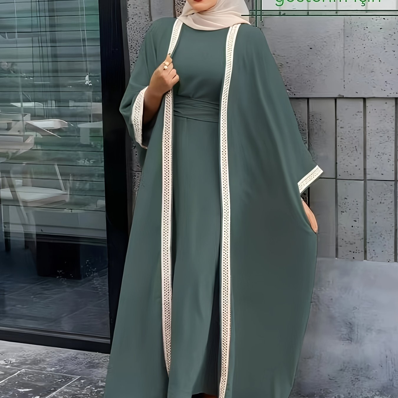 Saudi Arabian Muslim Women's Modest Dress for Eid Dubai Solid Color Arabic Abaya | Islamic Holiday Party Solid Color Turkish Style Long Dress Two-Piece Set | Fashionable Women's Wear