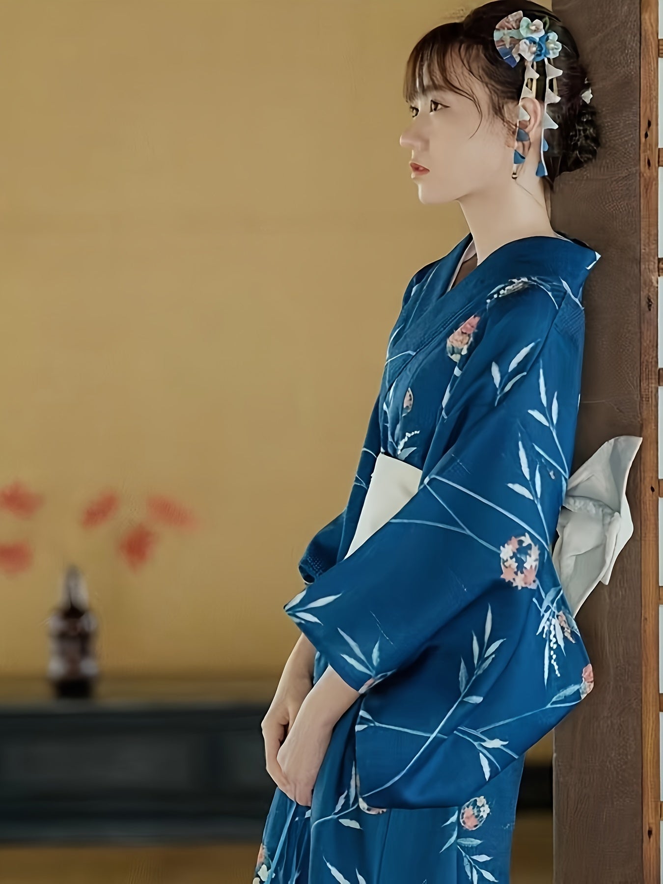 6pcs Traditional Japanese Kimono Abaya Set for Women - Polyester Floral Pattern, Woven Kimono & Obi with Matching Accessories - Umbrella, Hair Flower, Bow