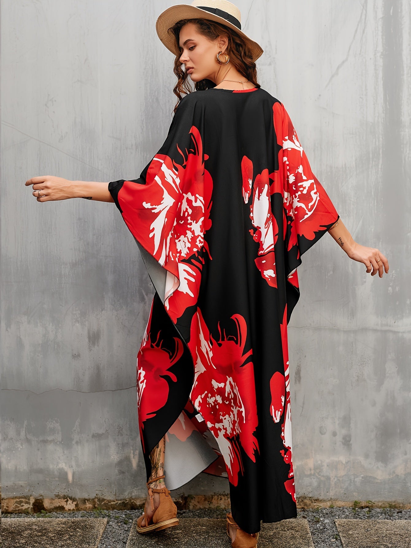 Women's Long Beach Cover Up With Floral Print Kaftan Deep V-neck Casual Vacation Bikini Swimsuit Cover Up
