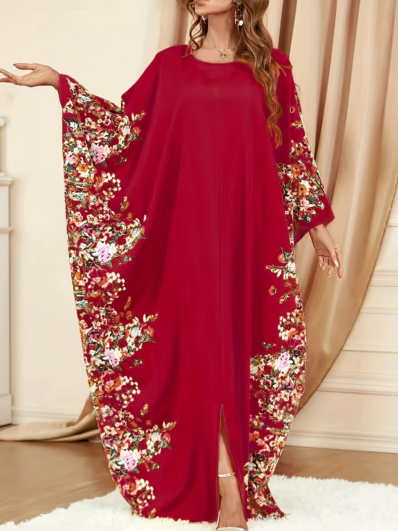Floral Print Crew Neck Kaftan Abaya, Elegant Batwing Sleeve Split Maxi Dress, Women's Clothing