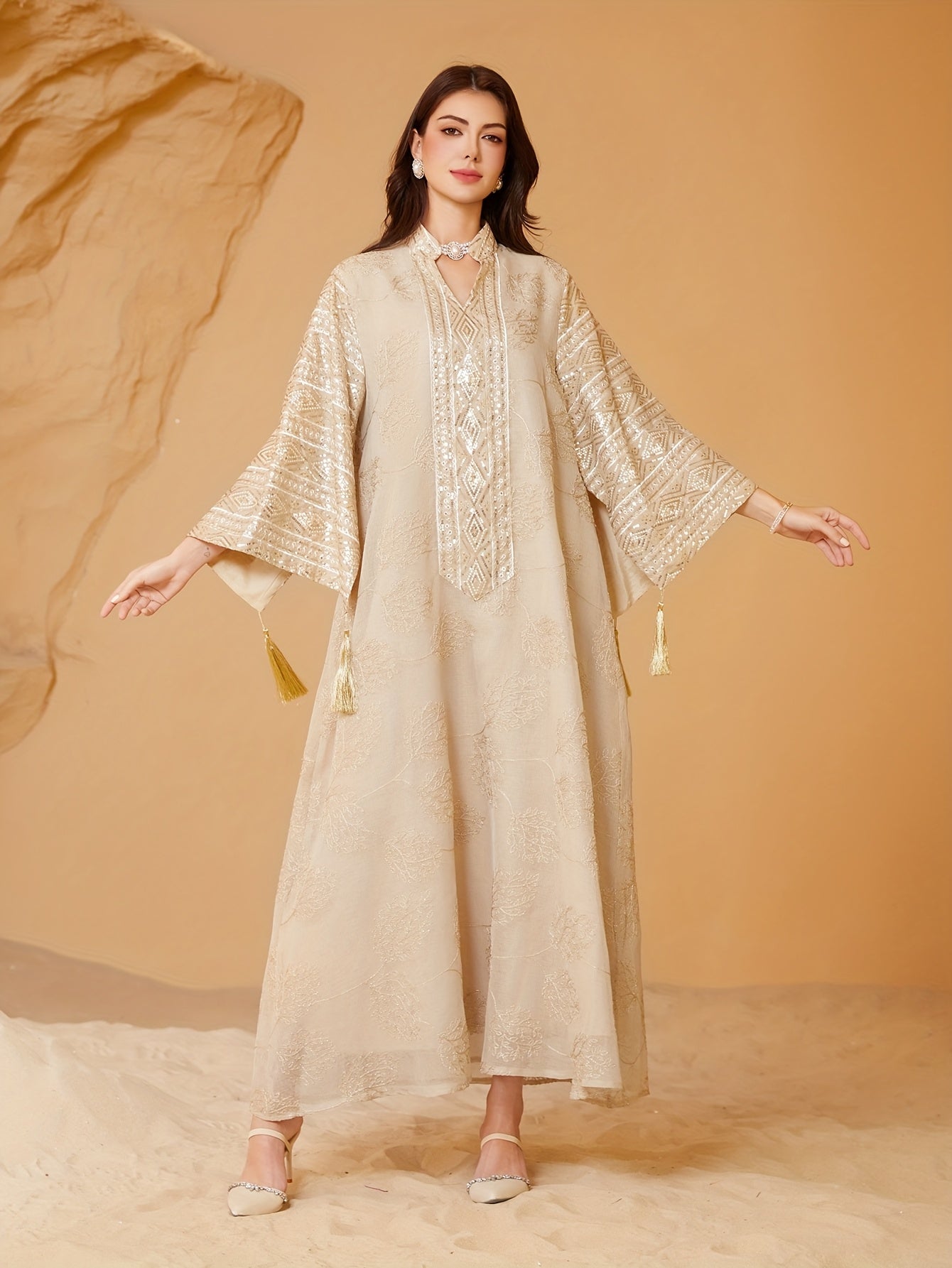 Oriental Middle Eastern Muslim Eid New Style Dress Women's Abaya V-Neck Regular Fashion Slit Sleeve Mesh Embroidery Beaded Craft Evening Gown Jalabiya Turkish Evening Wear Abaya