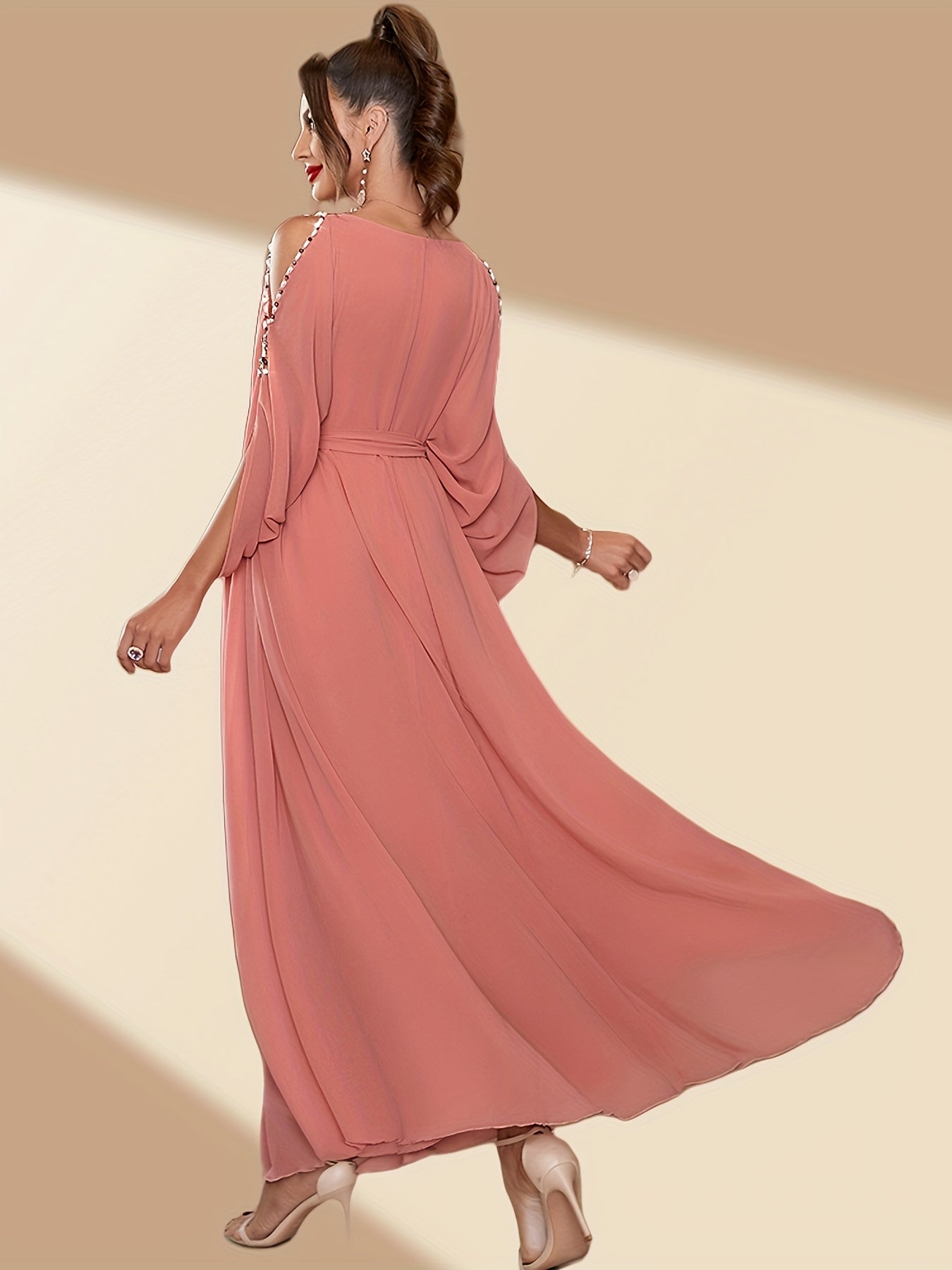 1pc Elegant Off-Shoulder Maxi Modern Abaya with Handcrafted Pearl Embellishments, Solid Color Polyester, All-Season Woven Gown with Large Flounce Sleeves