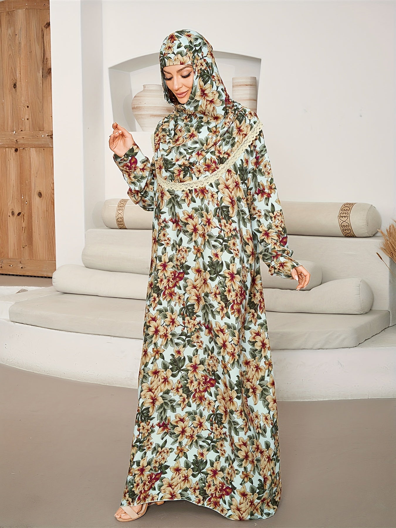 Plus Size Ramadan Floral Pattern Jibab Abaya Dress - Elegant Lace Trim, Long Sleeve, Prayer Dress with Hijab, Women's Modest Clothing for Special Occasions