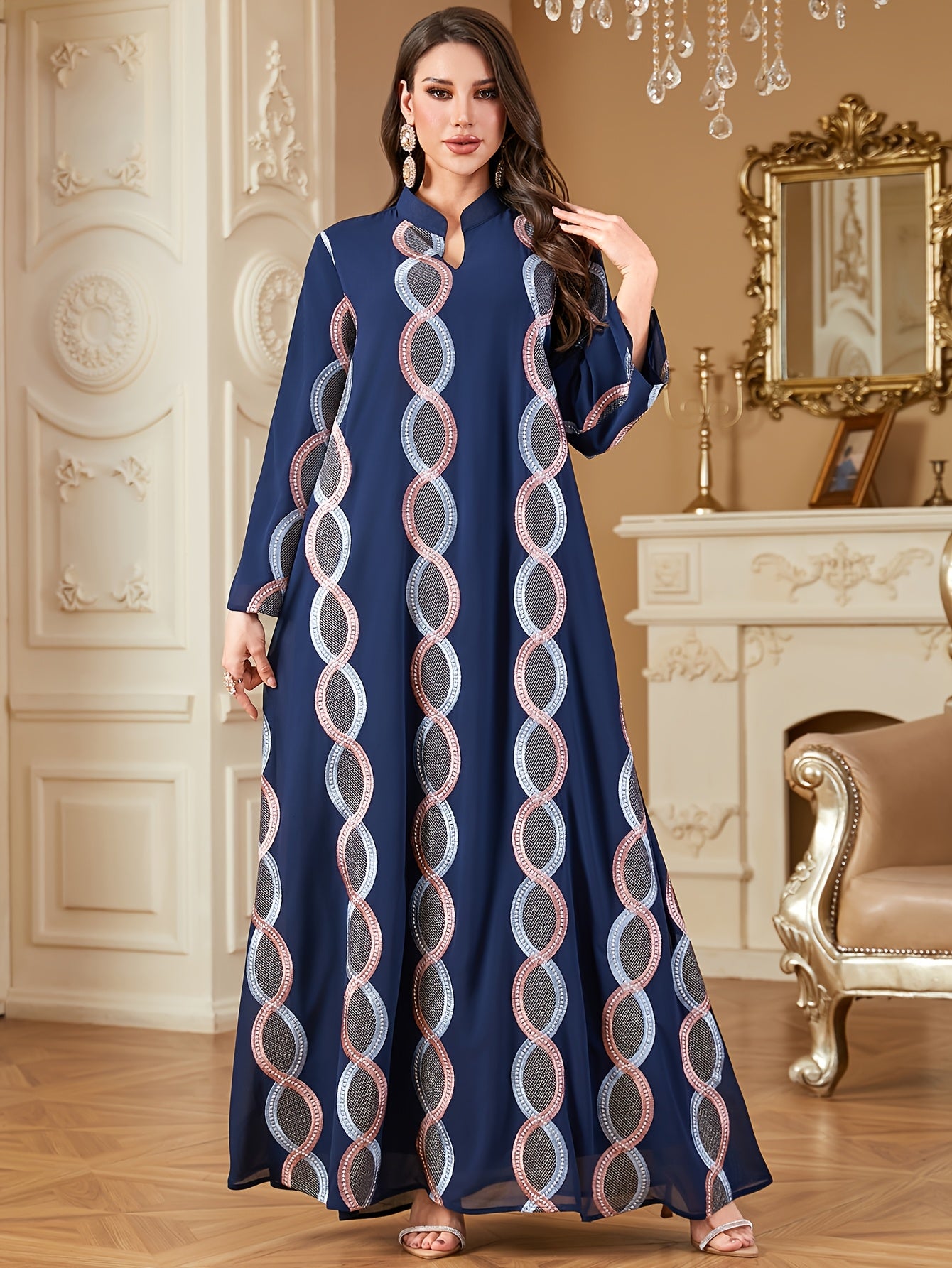 Elegant Navy Blue Embroidered Long Sleeve Maxi Modern Abaya - Stand Collar, A-Line Silhouette, Polyester, Machine Washable, All-Season Wear for Women