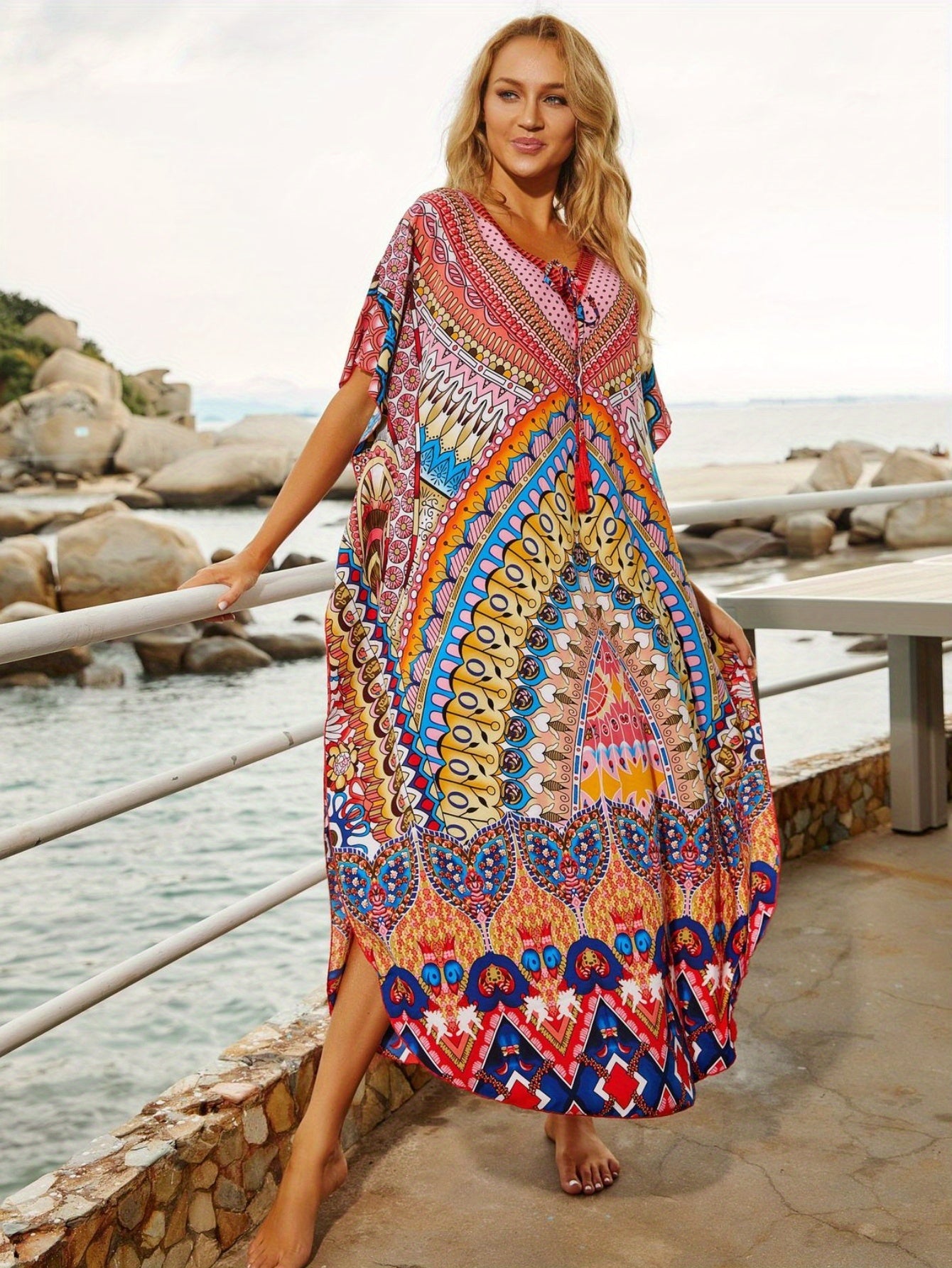 Plus Size, Plus Size Beach Cover Up Maxi Dress - Quick-Dry Sun Protective Swimsuit Kaftan with Side Slits, Lightweight Loose Fit Vacation Dress for Pool Party & Tropical Resort