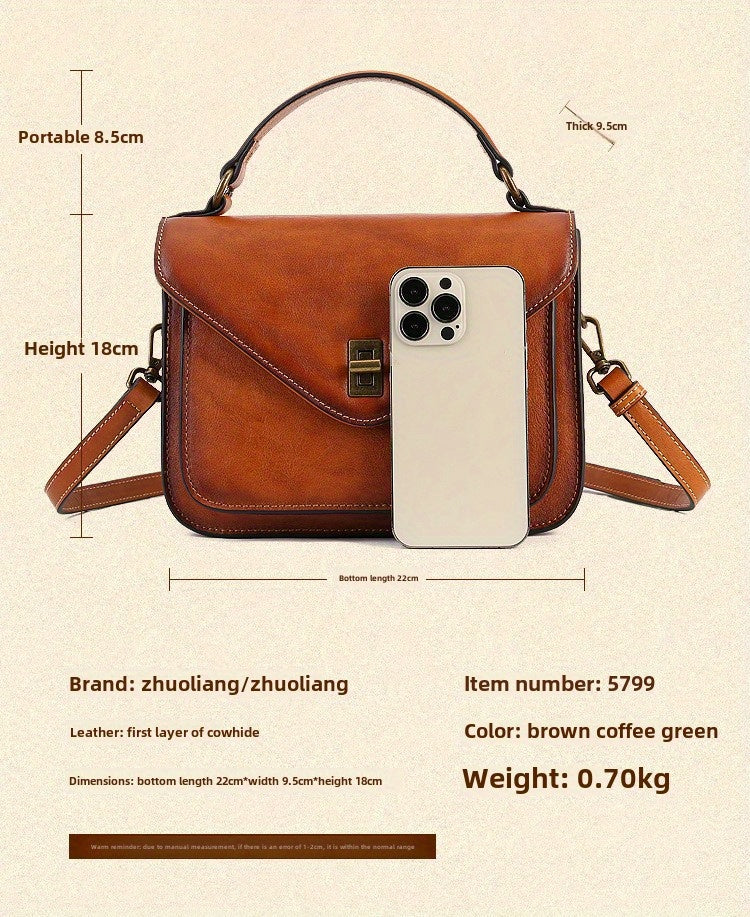 Women's Genuine Leather Retro Messenger Bag - Adjustable Crossbody & Shoulder Strap, Snap Closure, Durable Oil-Edged Trim
