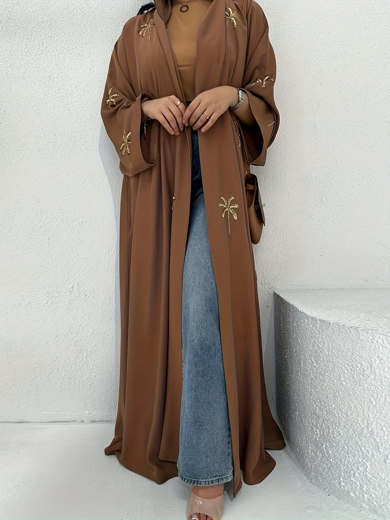 Elegant Brown Kimono Abaya with Golden Embroidery - Modest Long Dress for Women, Perfect for Casual Outings, All-Season Comfort, Casual Abaya | Elegant Abaya | Sequin Embroidery