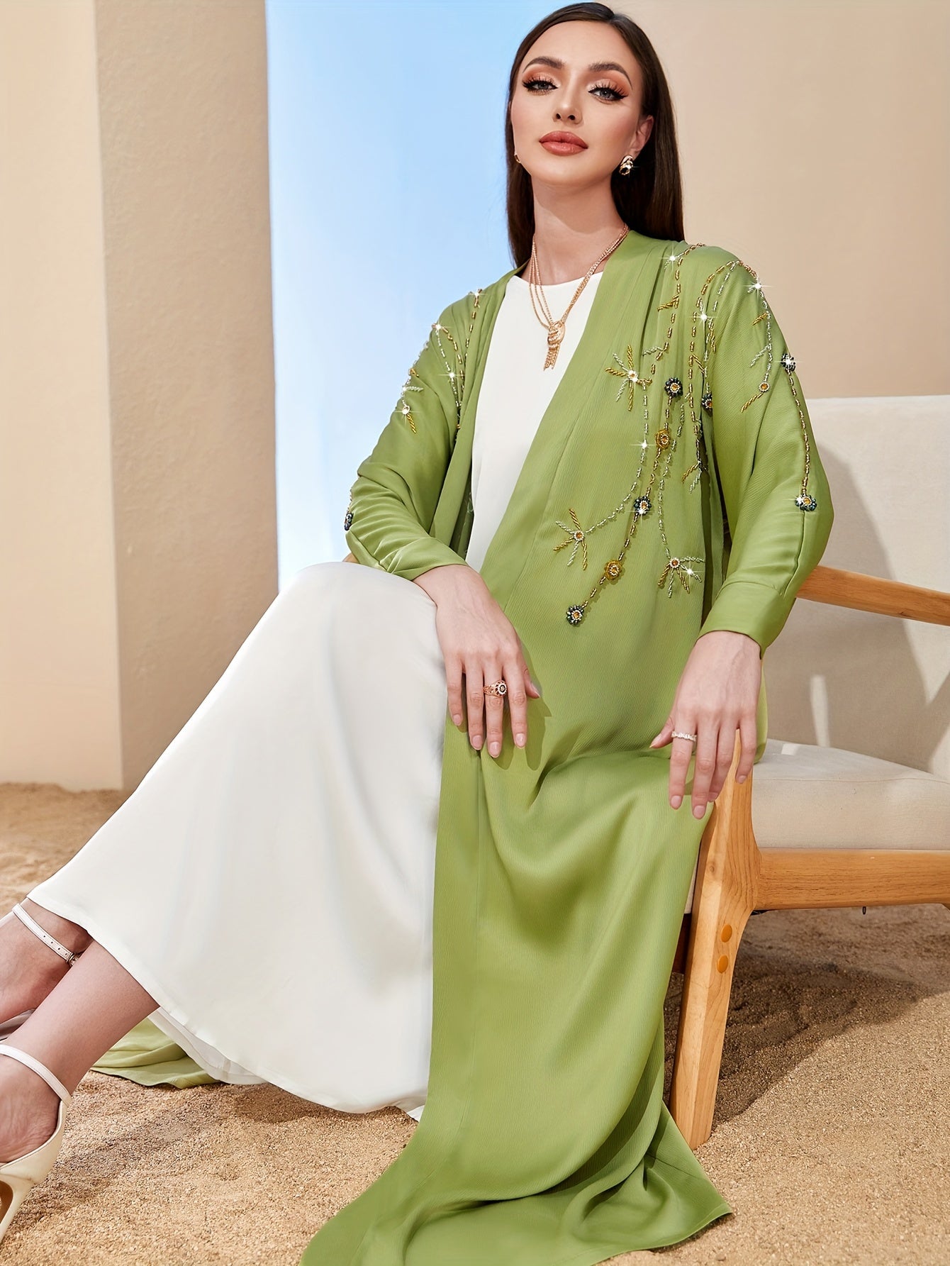 Rhinestone Long Sleeve Modest Dress, Elegant Open Front Abaya Loose Ankle Dress For Spring & Fall, Women's Clothing