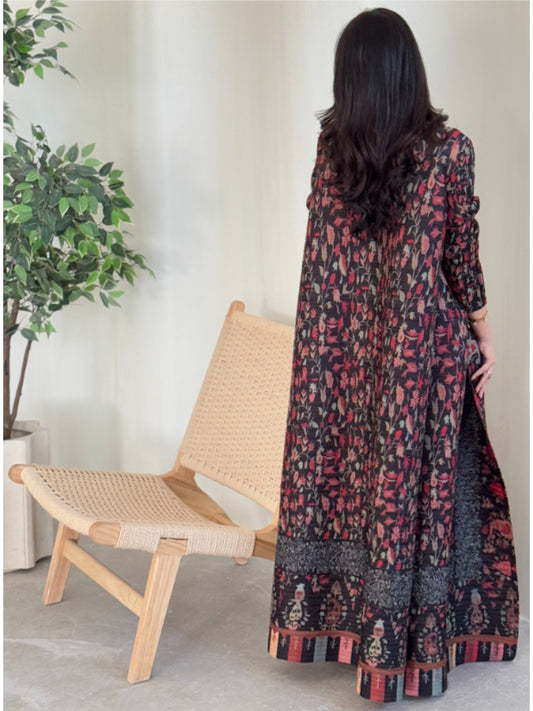 2025 Eid Al-Adha Ready - Stylish Black & Red Floral Print Abaya with Geometric Pattern, Long Sleeve Kaftan Dress for Women, Minimalist Belt Detail, Perfect for Hijabi Fashion