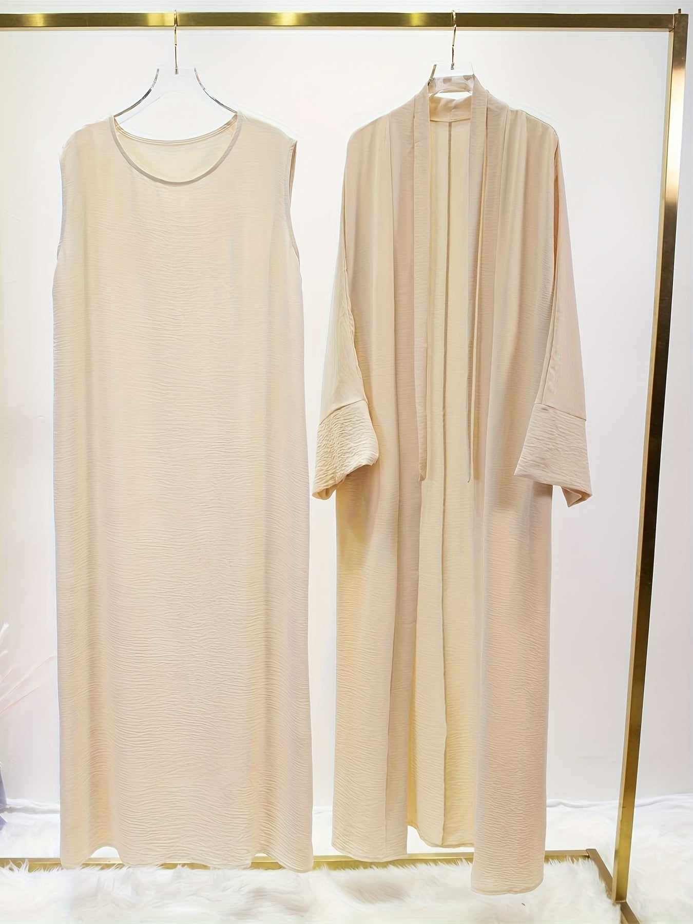 Ramadan Solid Color Modest Pakistani Abaya Set, Casual Crew Neck Sleeveless Tank Dress & Open Front Long Sleeve Tie Cardigan Outfits, Women's Clothing