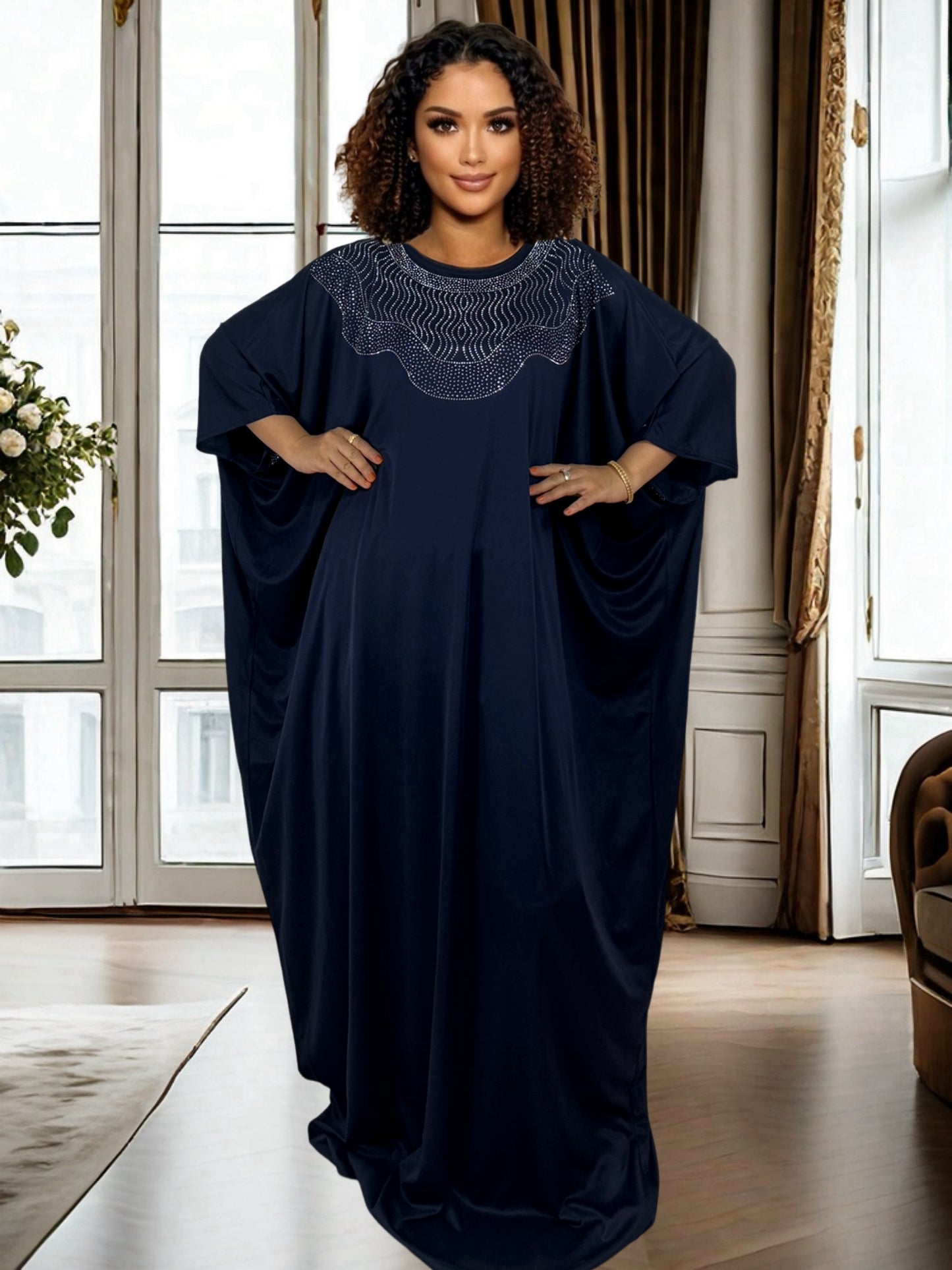 Plus Size, Women's African-Inspired Oversized Turkish Kaftan Abaya with Rhinestone Embellishments - 100% Polyester, Lightweight & Stretchy, Solid Color, All-Season Wear, Hand Wash/Dry Clean