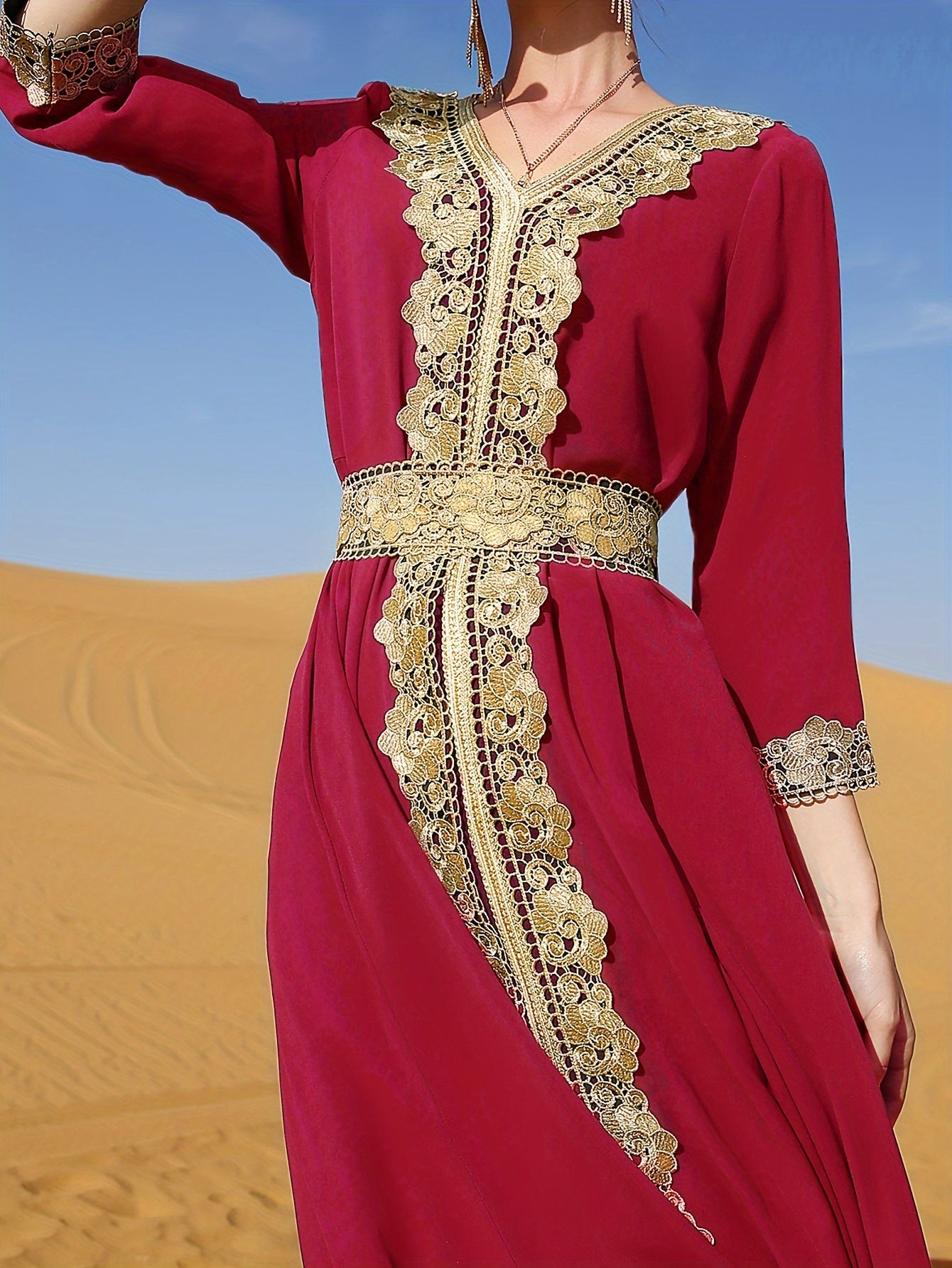 Elegant Golden Contrast Lace Detail Maxi Palestinian Abaya - V-Neck, Long Sleeve, Polyester, Formal or Evening Wear for Women, Formal Occasion Attire | Lace Detailing | Polyester Fabric