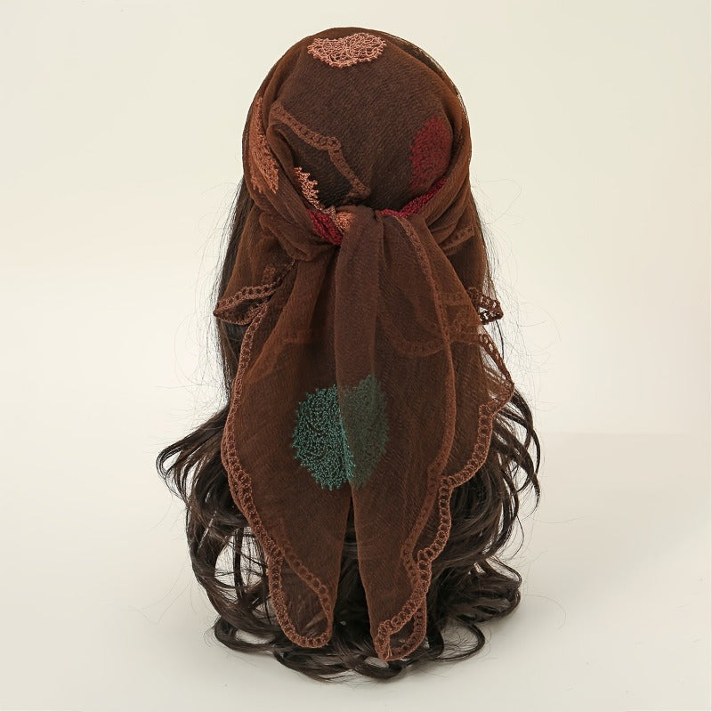 Thin Gauze Paisley Embroidery Elegant Square Scarf | Casual Rusty Brown Head Wrap