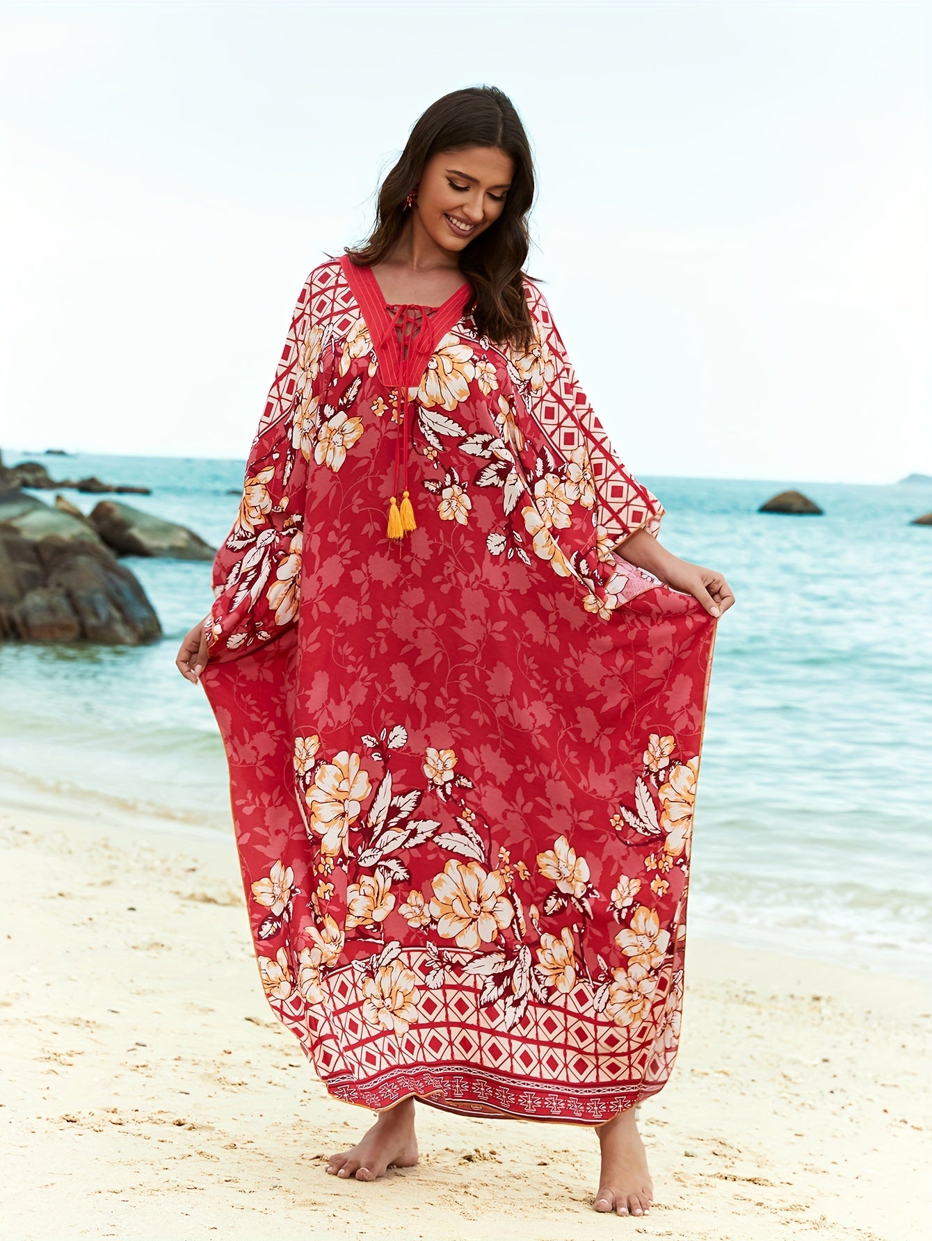 Women's Floral Print Beach Cover-Up Kaftan Dress Floral Pattern, V-Neck With Tie, Loose-Fitting Ethnic Style Casual Maxi Dress