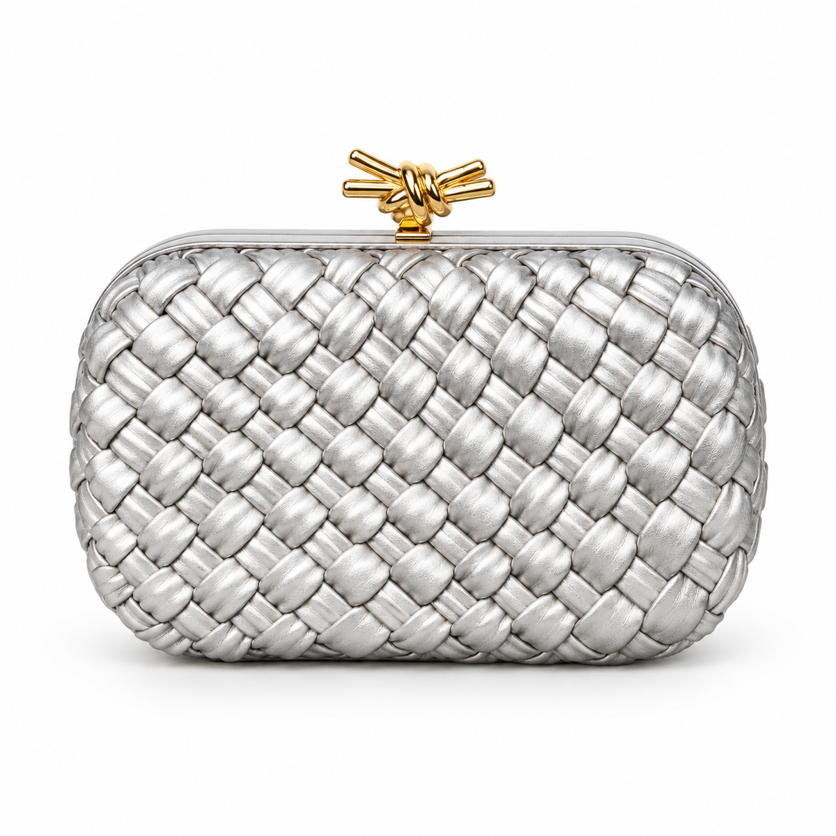 Silver Woven Clutch With Golden Knot
